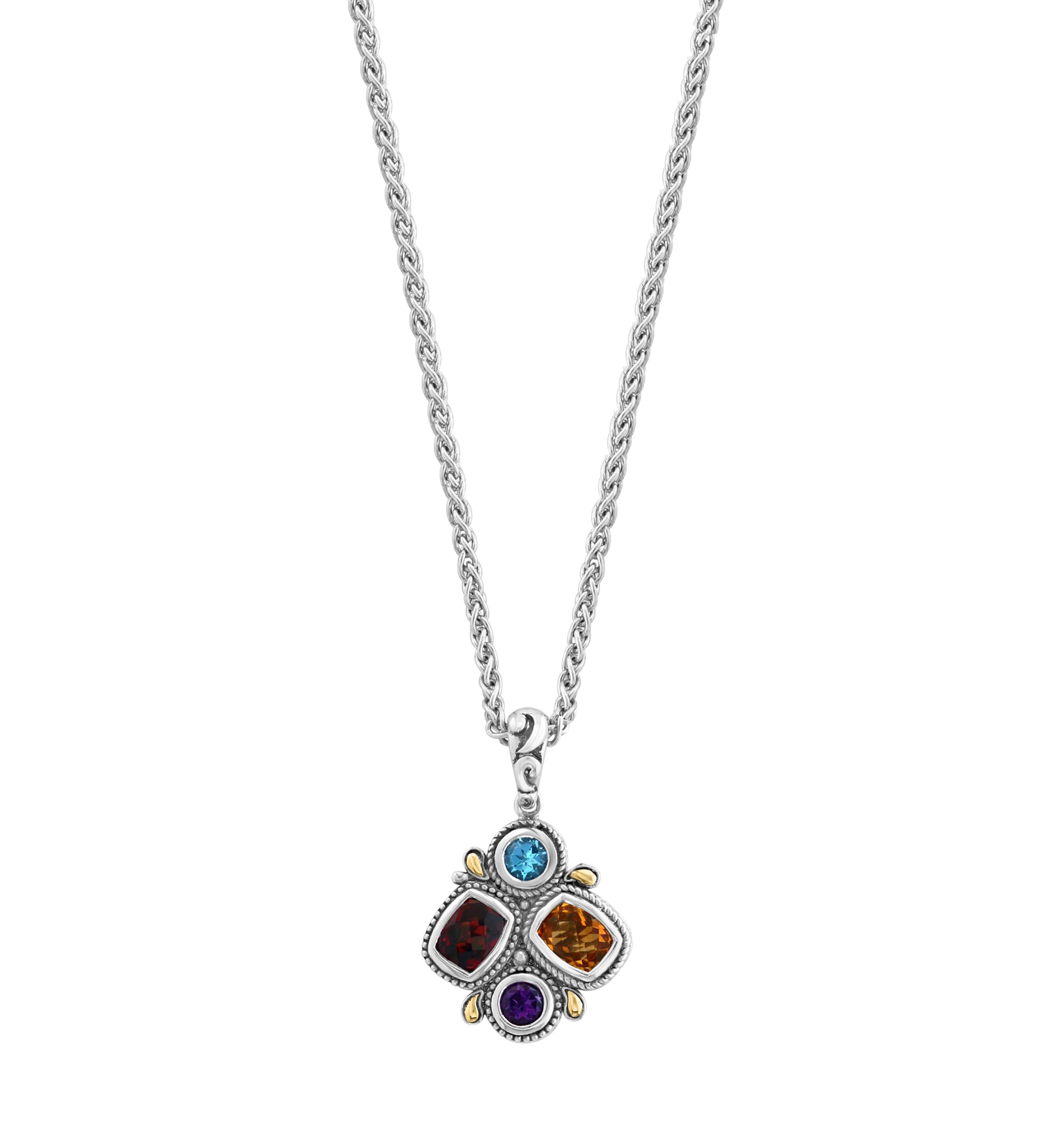 Sterling Silver Amethyst, Blue Topaz, Citrine, and Garnet Pendant Necklace