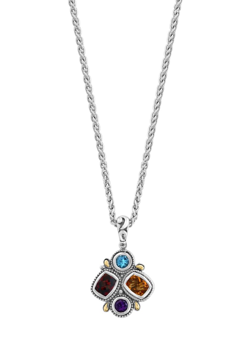 Sterling Silver Amethyst, Blue Topaz, Citrine, and Garnet Pendant Necklace