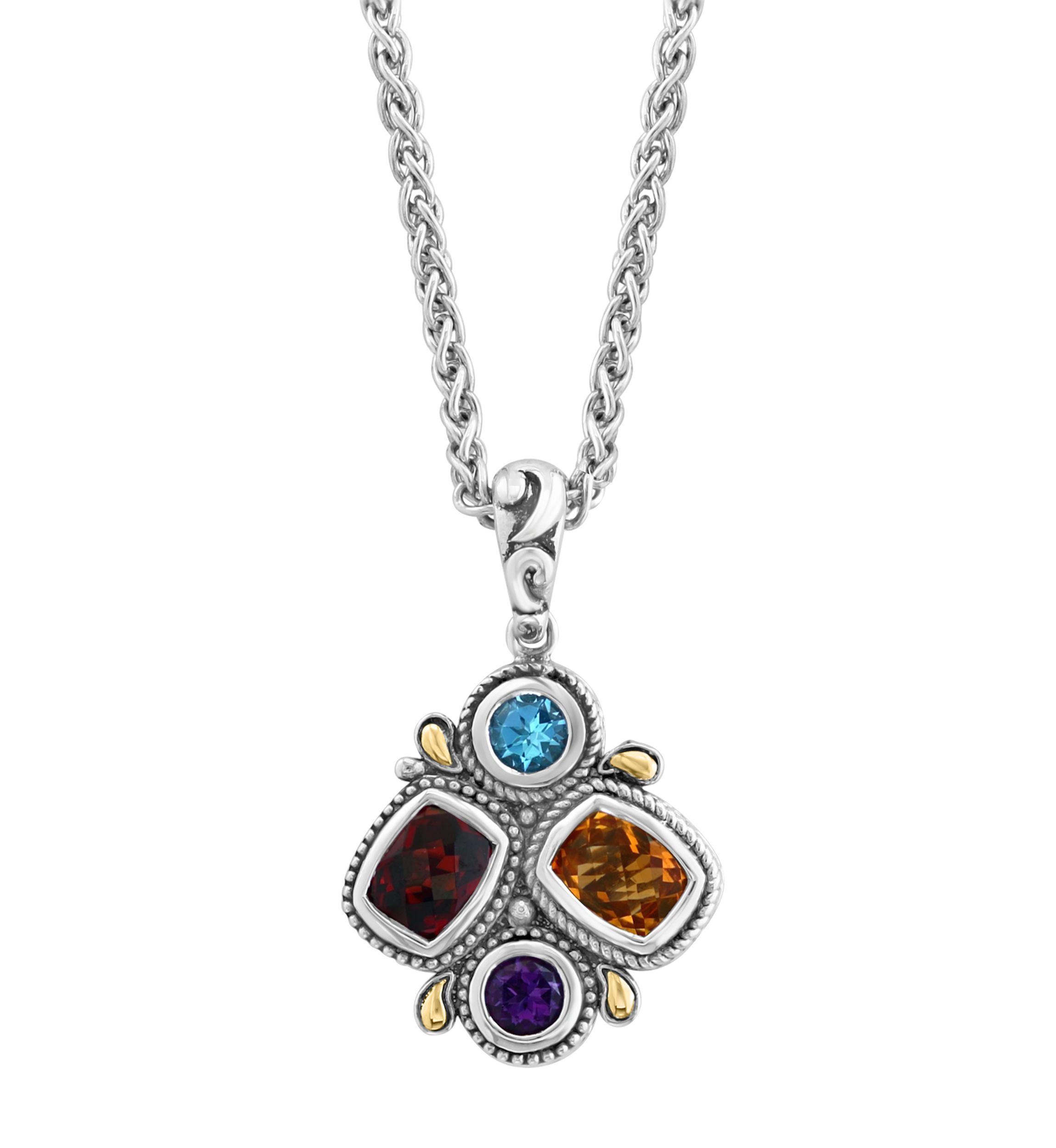 Sterling Silver Amethyst, Blue Topaz, Citrine, and Garnet Pendant Necklace