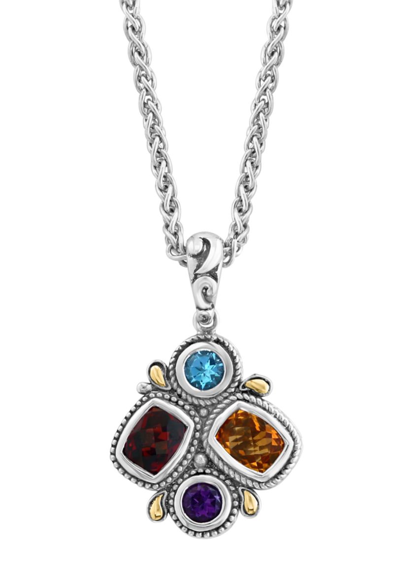 Sterling Silver Amethyst, Blue Topaz, Citrine, and Garnet Pendant Necklace