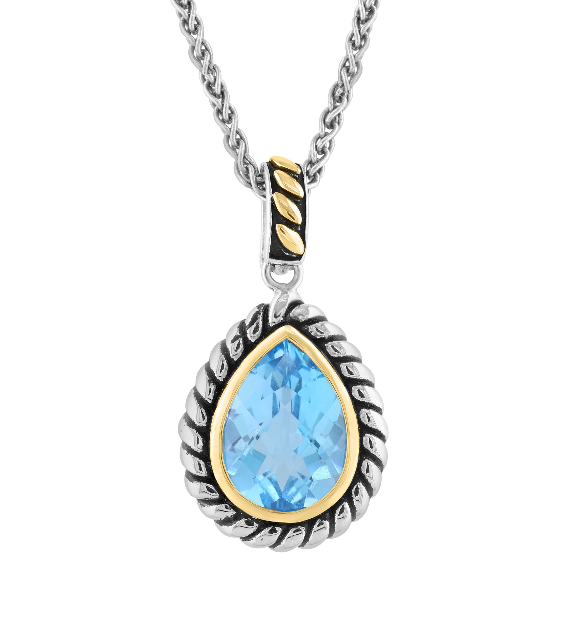 Blue Topaz Pear Necklace in Sterling Silver and 18K Yellow Gold