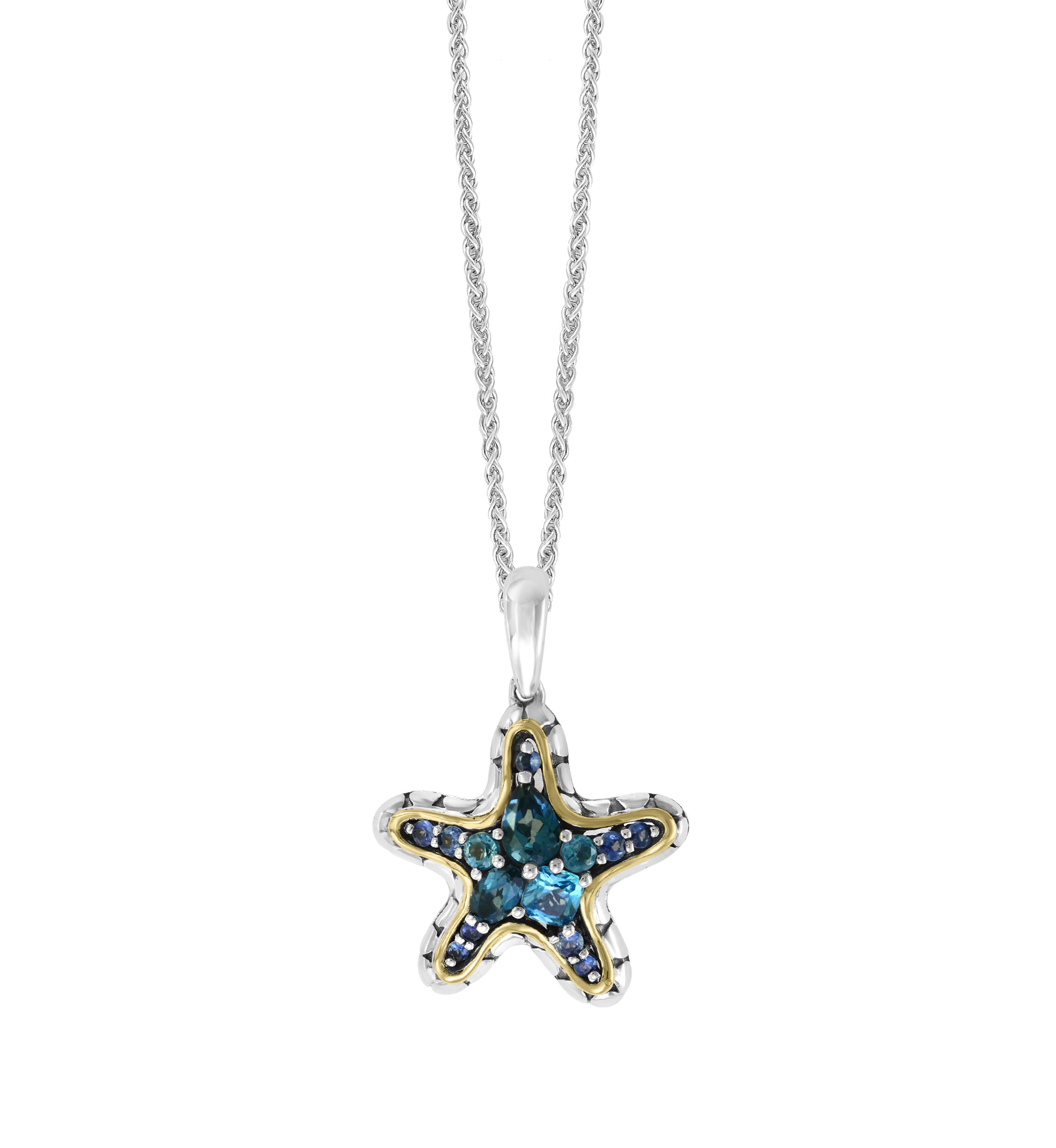 1.87 ct. t.w. Blue Topaz and Sapphire Starfish Pendant Necklace in Sterling Silver and 18K Yellow Gold 
