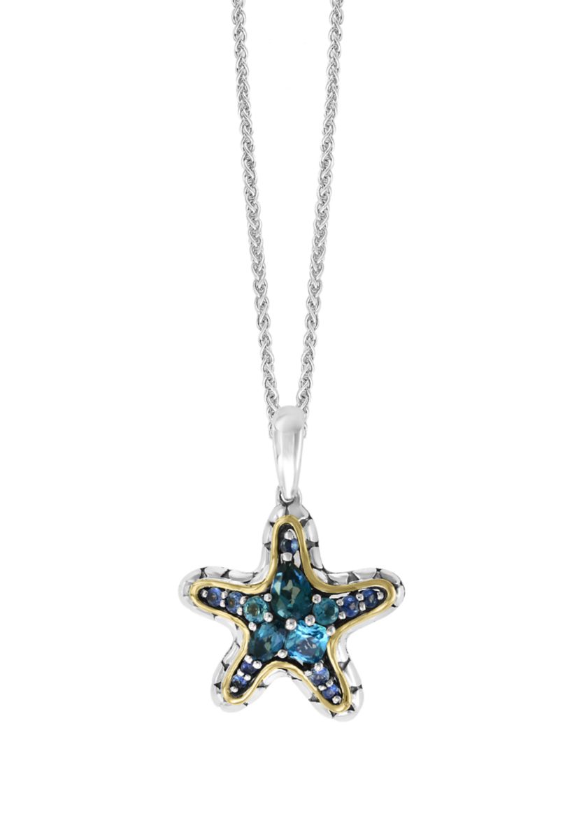 1.87 ct. t.w. Blue Topaz and Sapphire Starfish Pendant Necklace in Sterling Silver and 18K Yellow Gold 