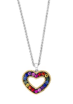 Effy Multi Sapphire Hollow Heart Pendant Necklace In Sterling Silver And 18K Yellow Gold