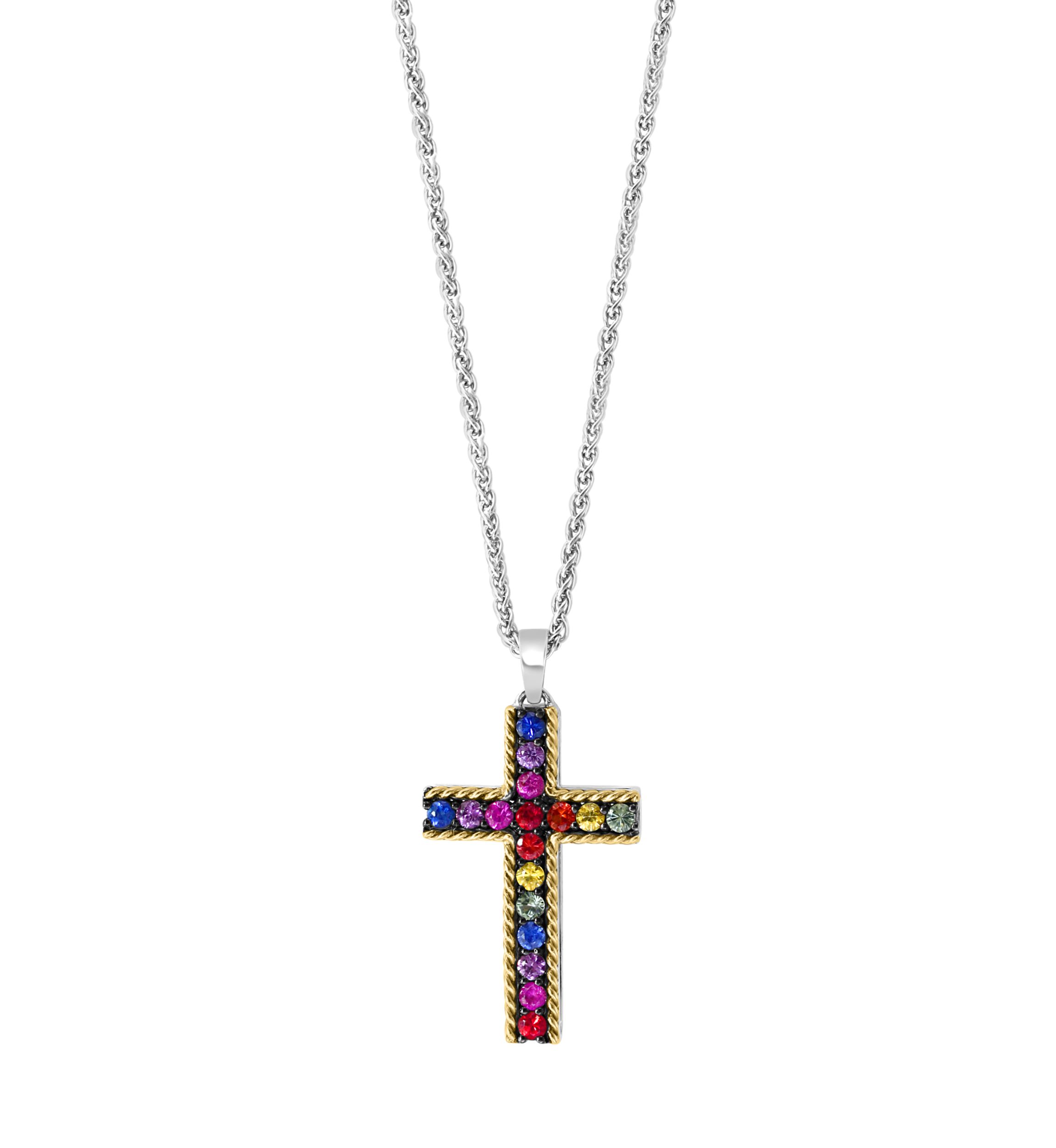 Multi Sapphire Cross Pendant Necklace in Sterling Silver and 18K Yellow Gold