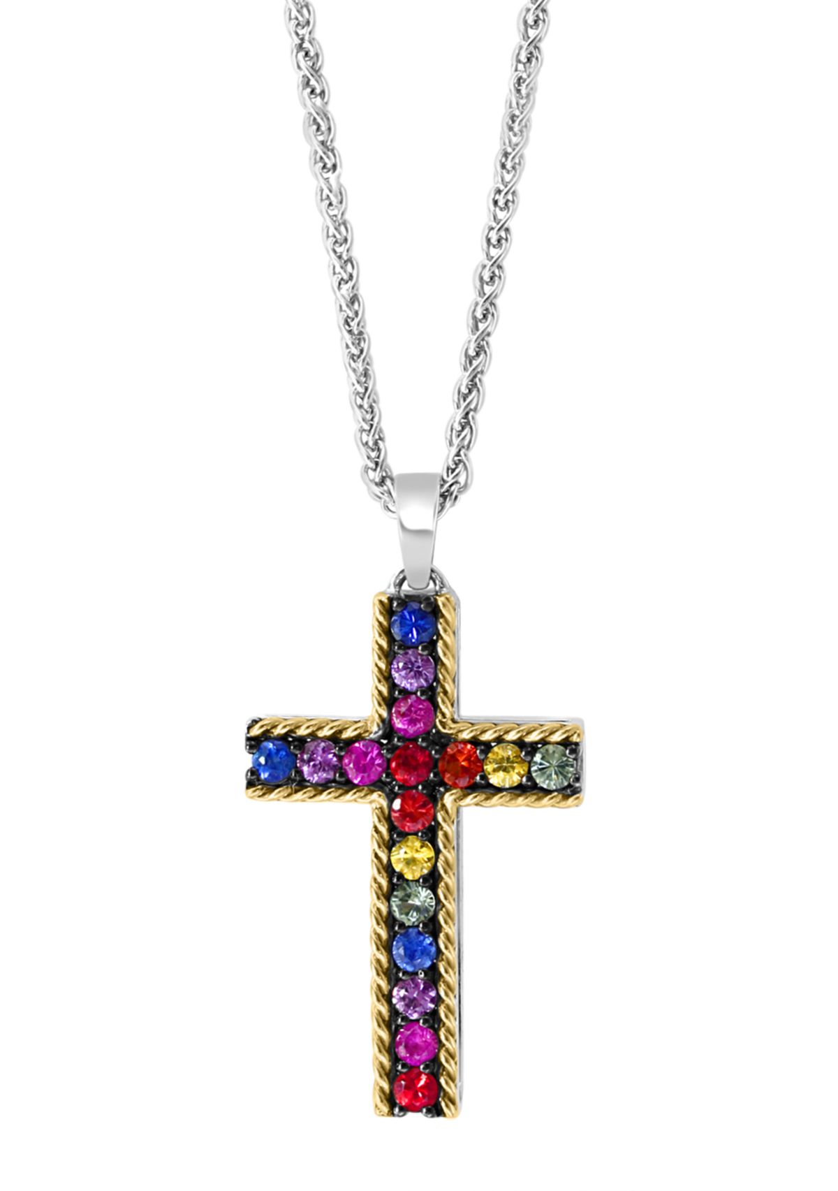 Multi Sapphire Cross Pendant Necklace in Sterling Silver and 18K Yellow Gold