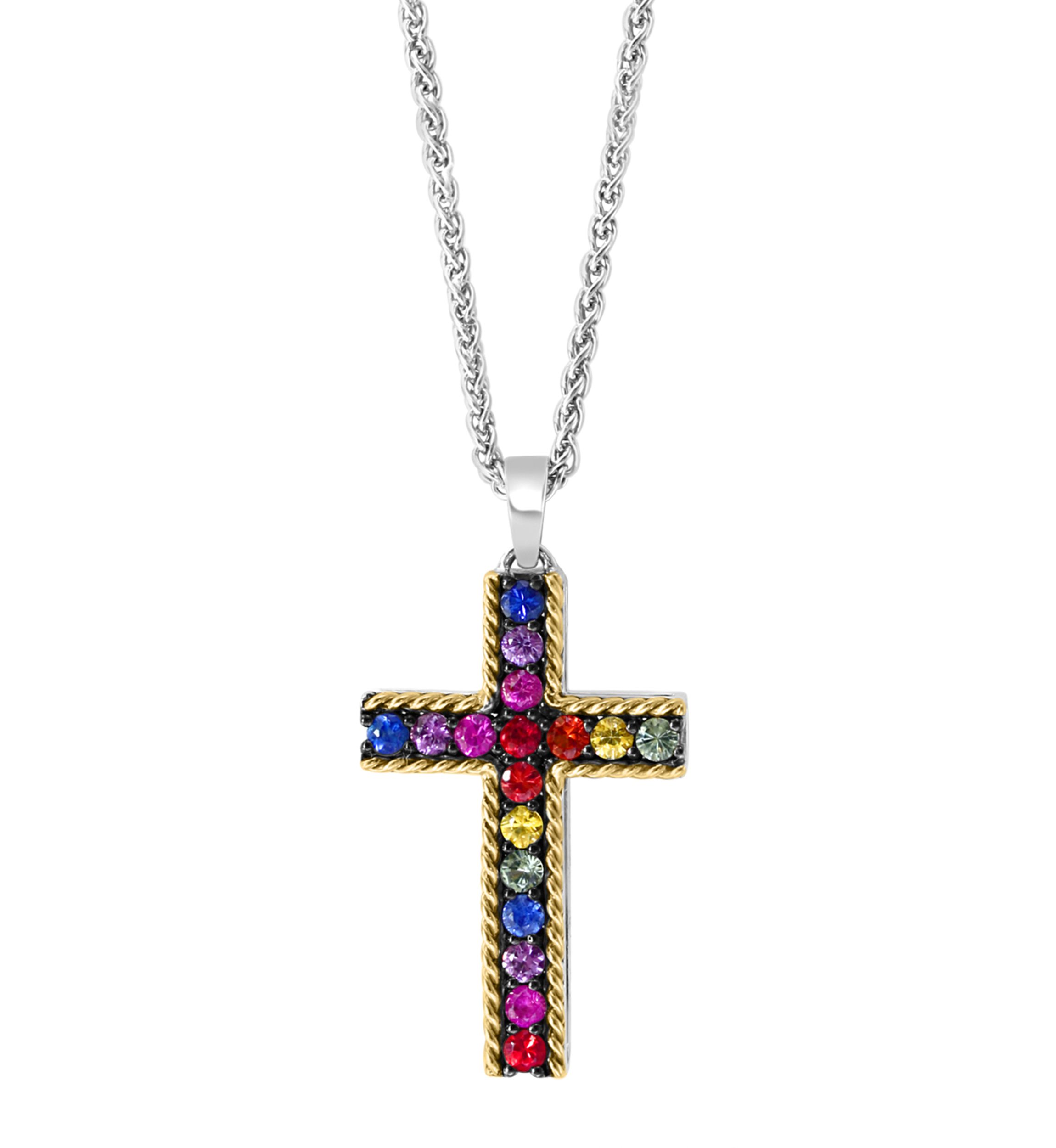 Multi Sapphire Cross Pendant Necklace in Sterling Silver and 18K Yellow Gold