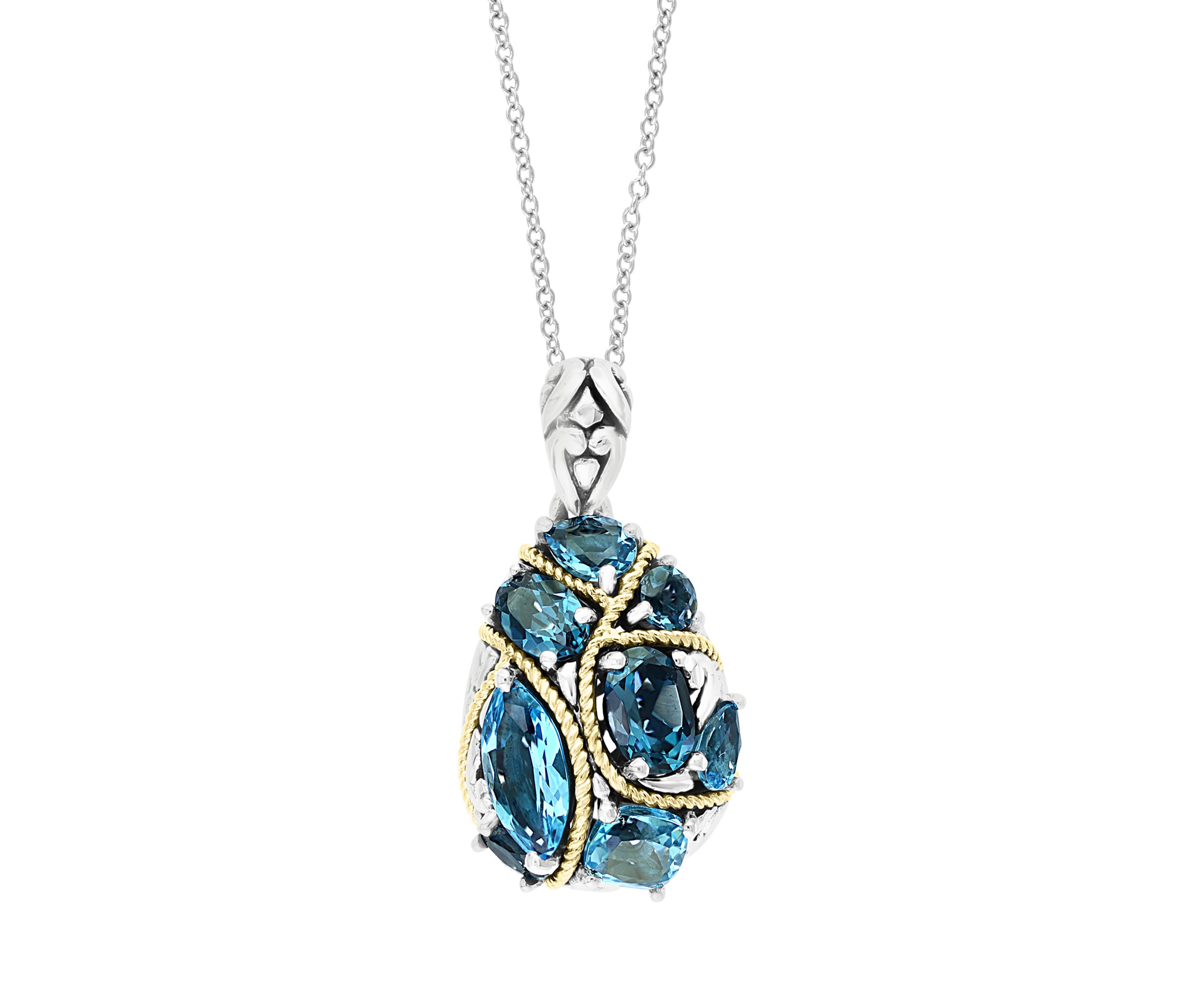 Sterling Silver/18K Yellow Gold Blue Topaz and London Blue Topaz Pendant