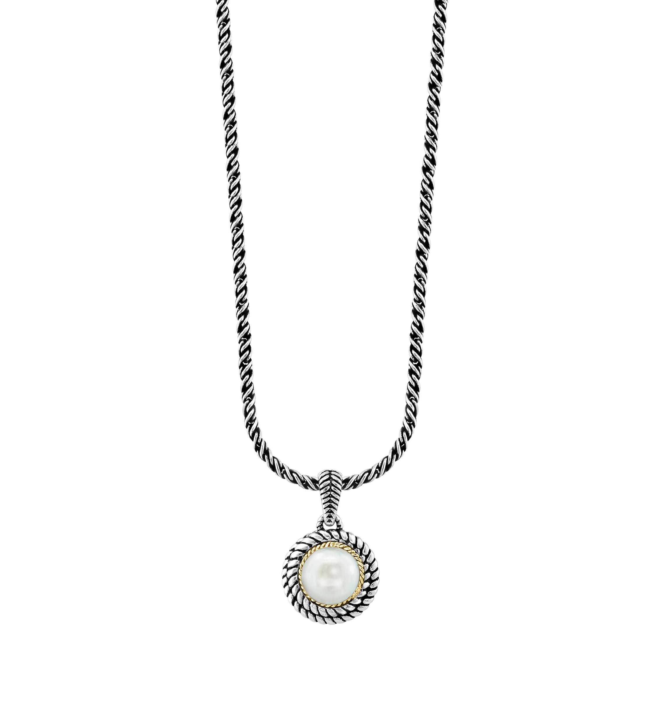 Freshwater Pearl Cable Pendant Necklace in Sterling Silver and 18K Yellow Gold