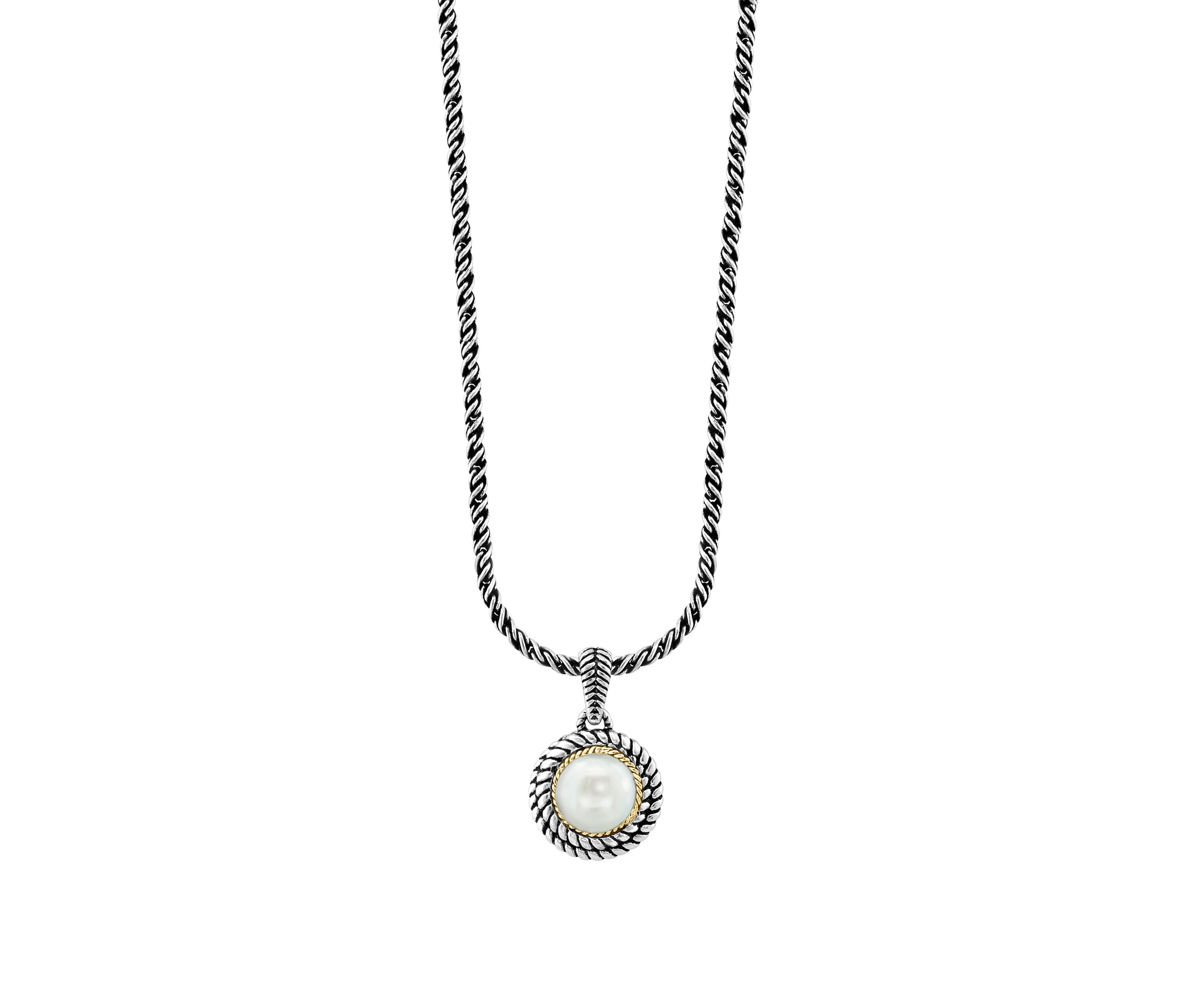 Freshwater Pearl Cable Pendant Necklace in Sterling Silver and 18K Yellow Gold