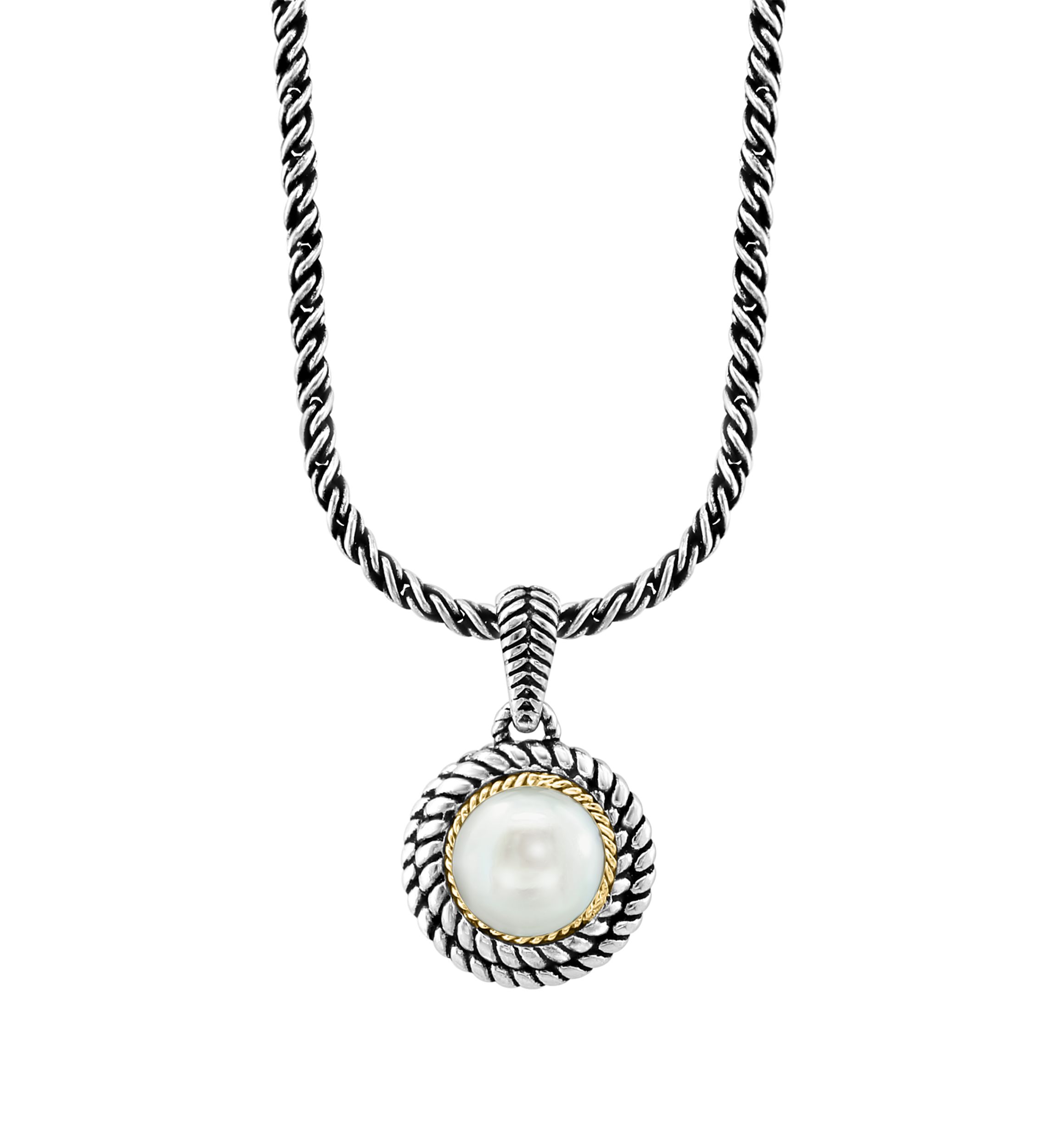 Freshwater Pearl Cable Pendant Necklace in Sterling Silver and 18K Yellow Gold