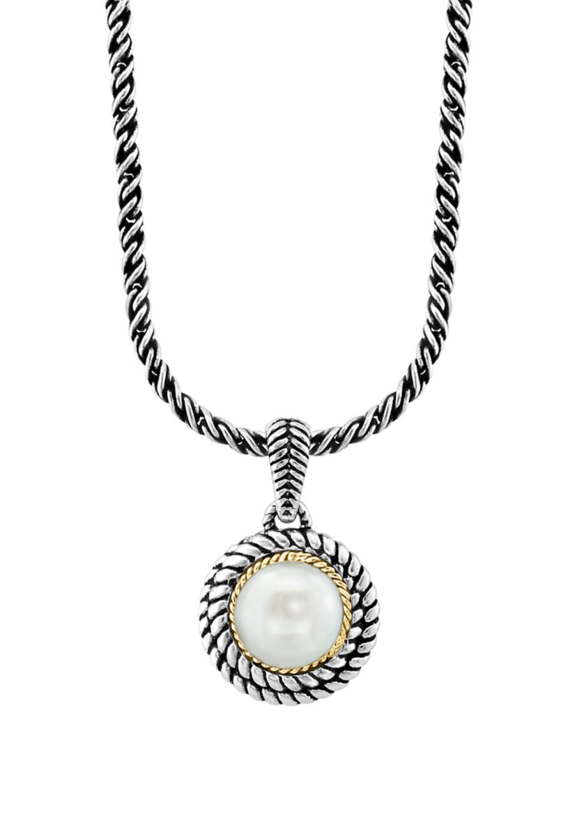 Freshwater Pearl Cable Pendant Necklace in Sterling Silver and 18K Yellow Gold