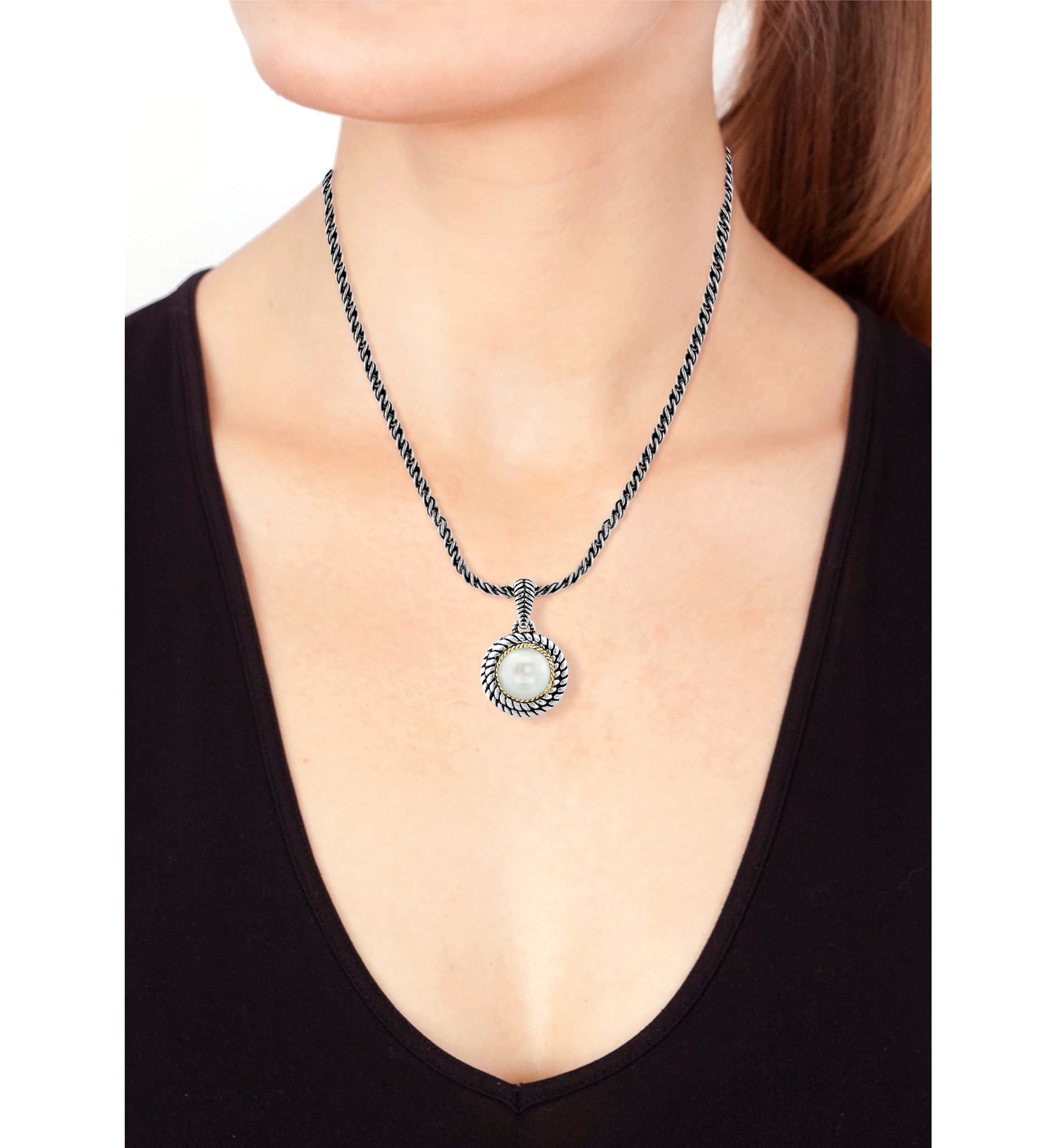 Freshwater Pearl Cable Pendant Necklace in Sterling Silver and 18K Yellow Gold