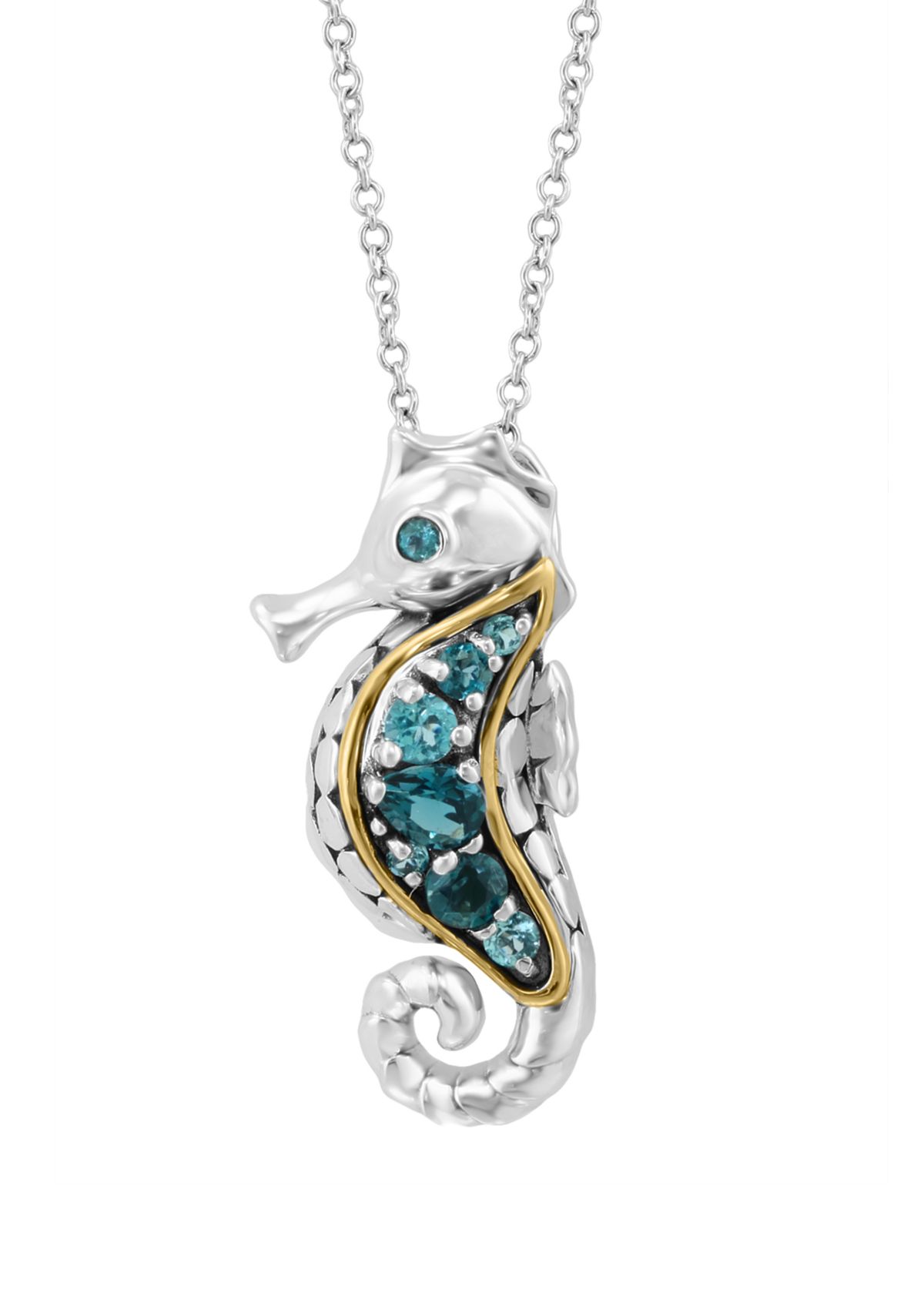 Blue Topaz Seahorse Pendant Necklace in Sterling Silver and 14K Yellow Gold