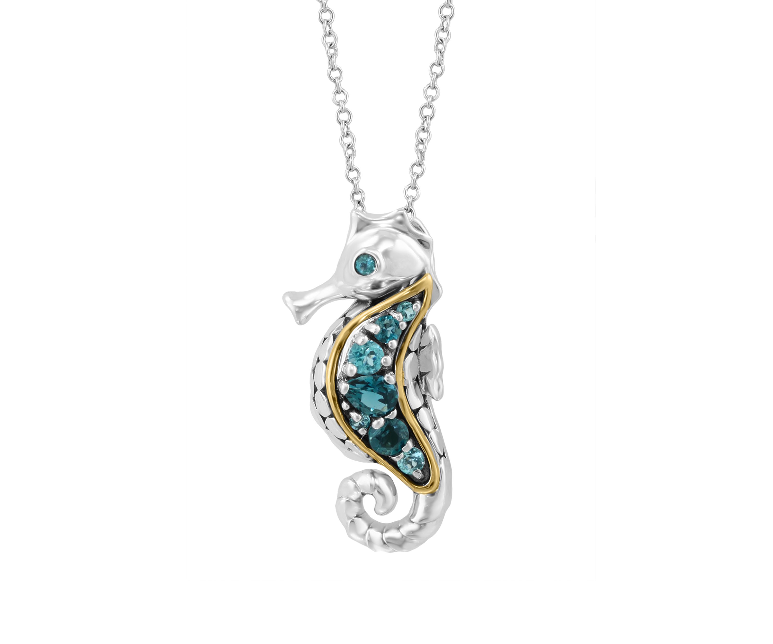 Blue Topaz Seahorse Pendant Necklace in Sterling Silver and 14K Yellow Gold