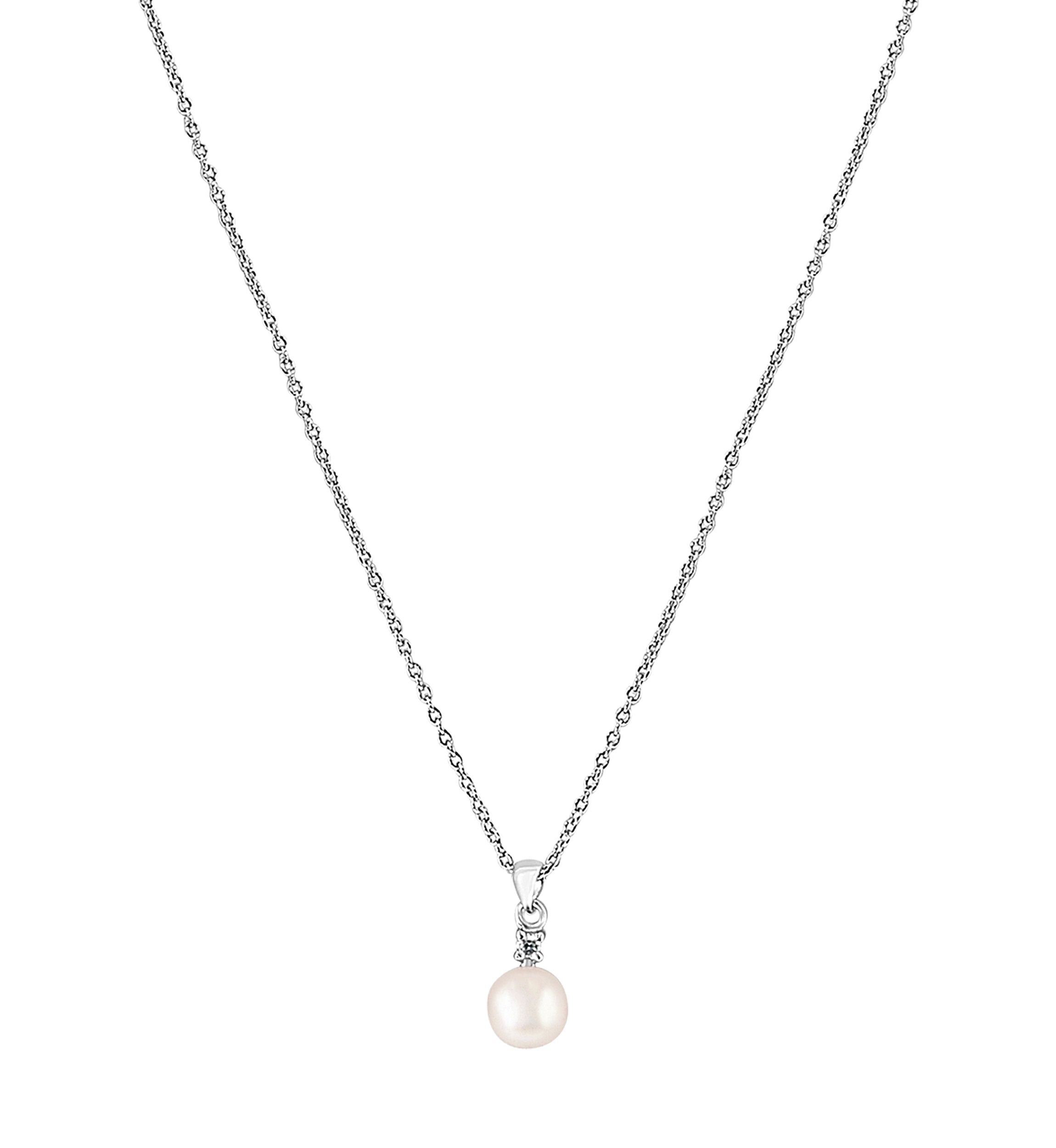 Sterling Silver Freshwater Pearl and Diamond Pendant Necklace 