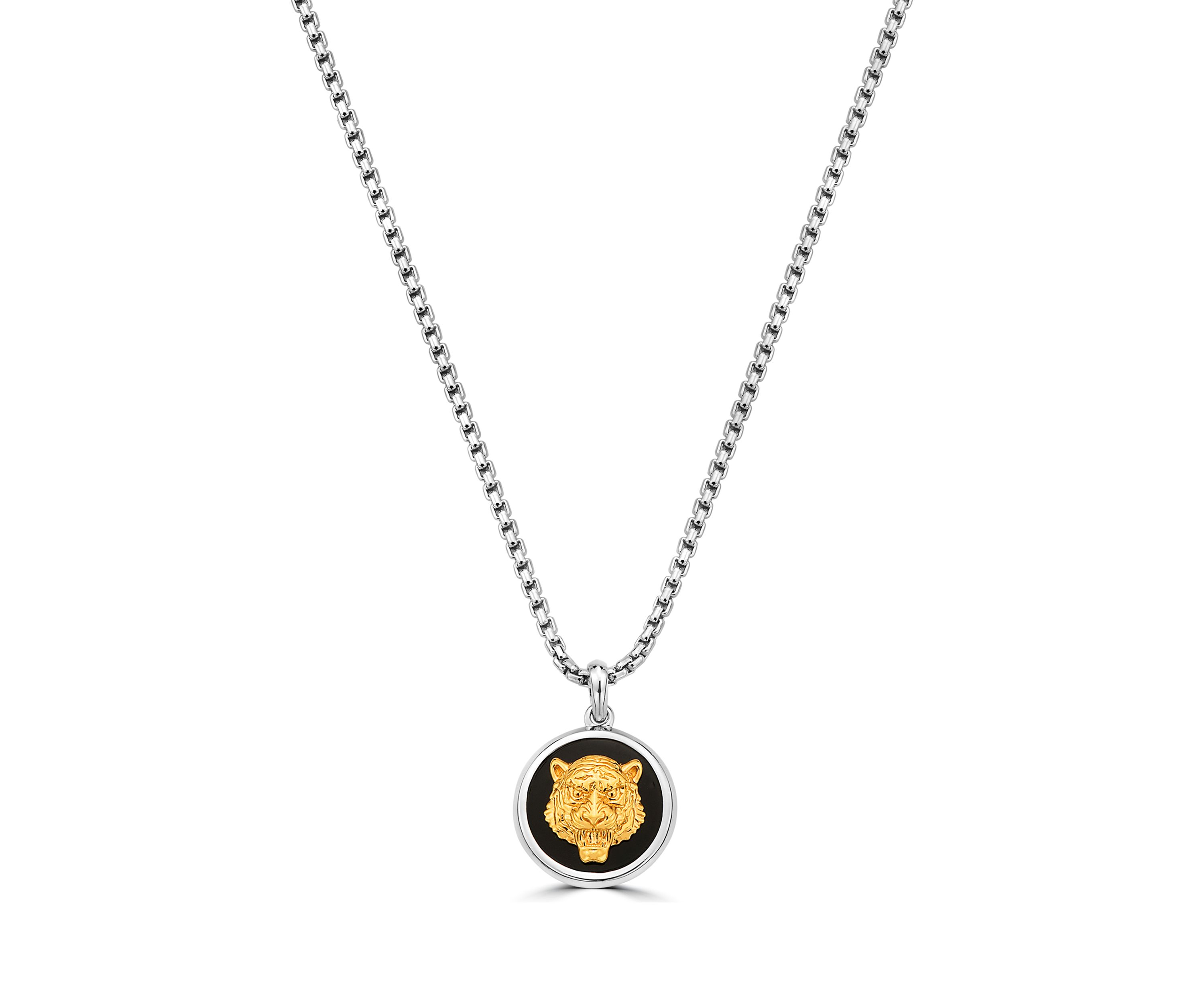 Mens 6.18 ct. t.w. Onyx Gold Tiger Pendant Necklace in Sterling Silver