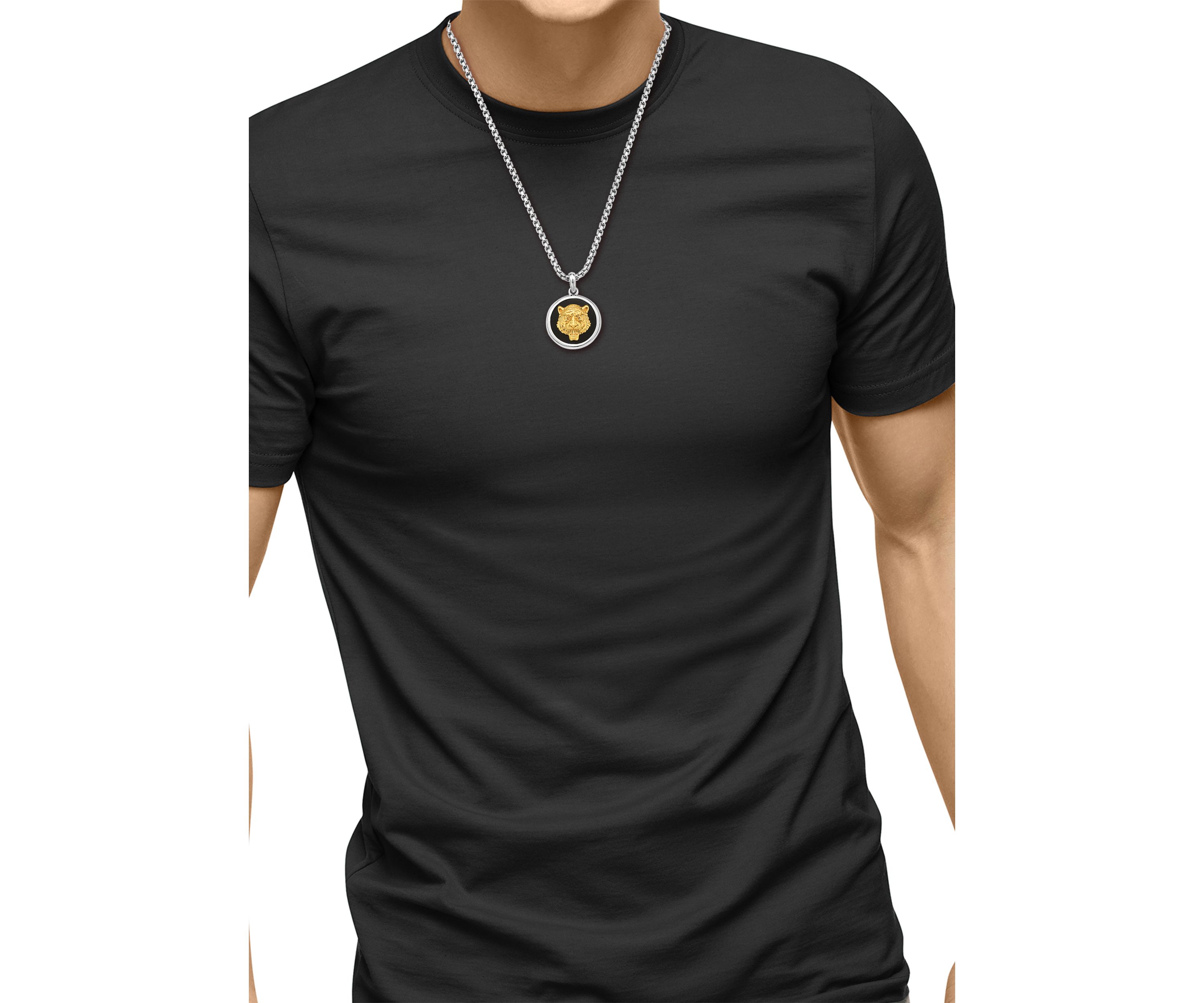 Mens 6.18 ct. t.w. Onyx Gold Tiger Pendant Necklace in Sterling Silver