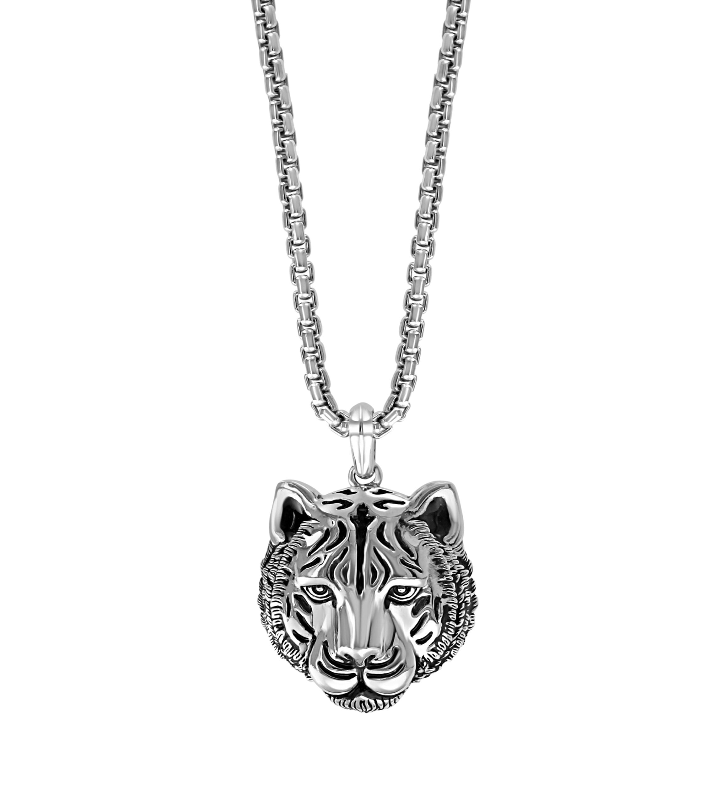 Mens Sterling Silver Tiger Pendant Necklace 