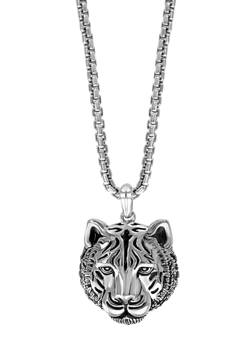Mens Sterling Silver Tiger Pendant Necklace 