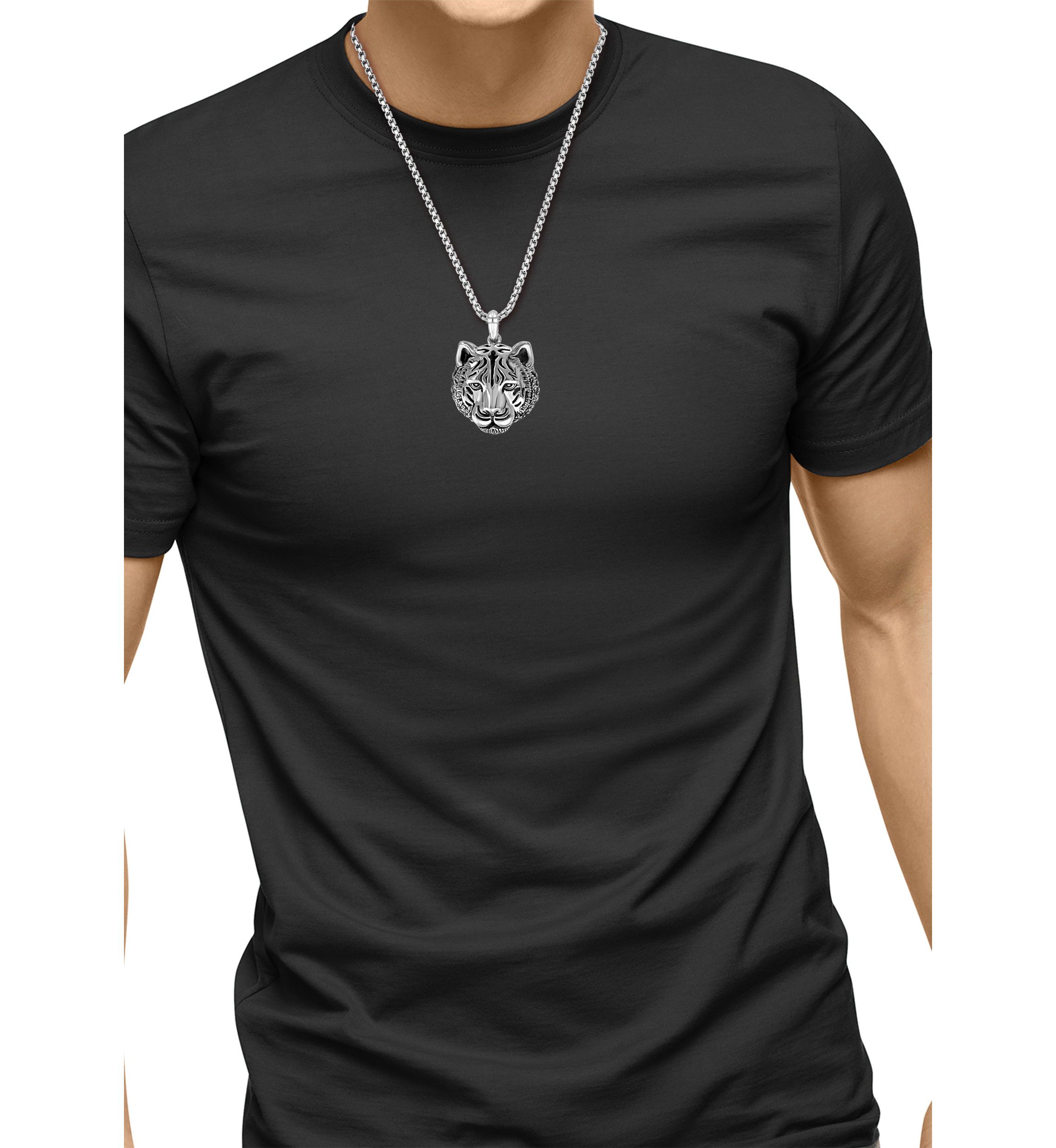 Mens Sterling Silver Tiger Pendant Necklace 