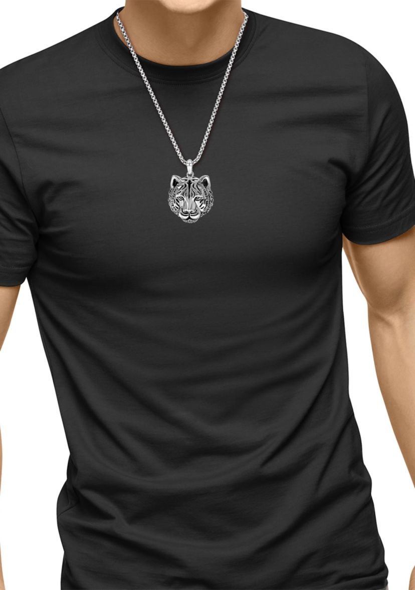 Mens Sterling Silver Tiger Pendant Necklace 