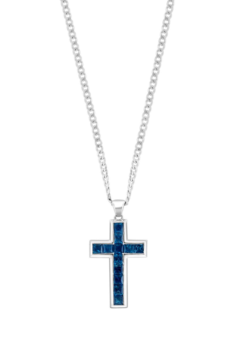 Mens 925 Sterling Silver London Blue Topaz Cross Necklace