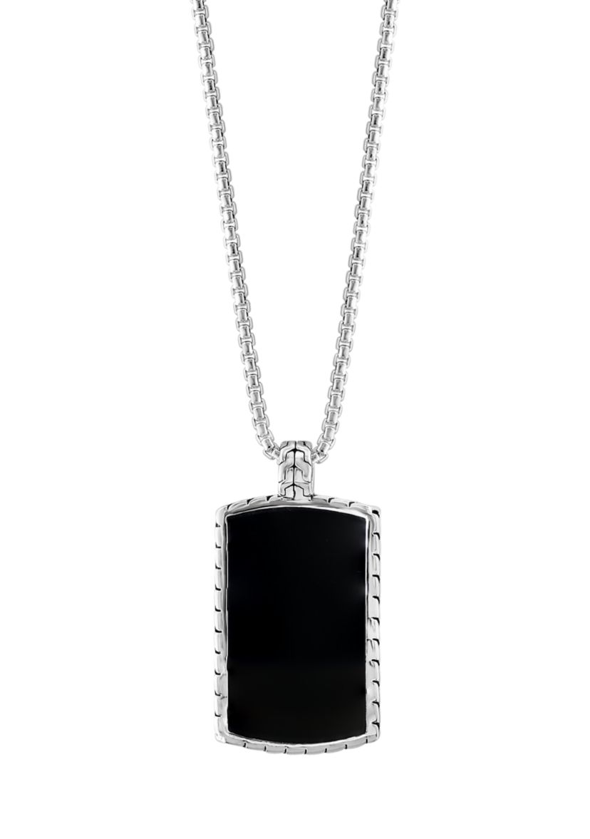 Mens Onyx Dog Tag Pendant Necklace in Sterling Silver