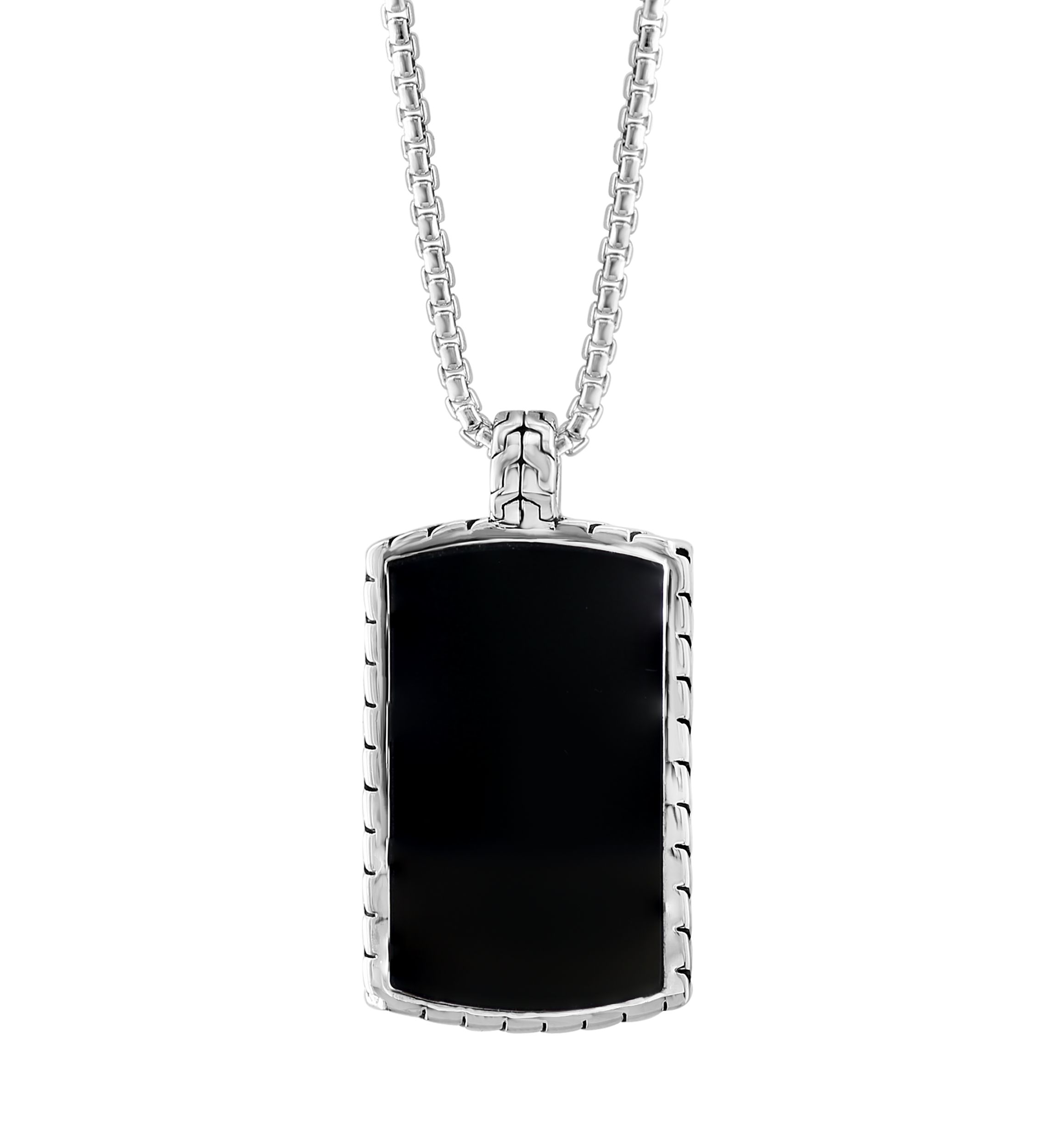 Mens Onyx Dog Tag Pendant Necklace in Sterling Silver