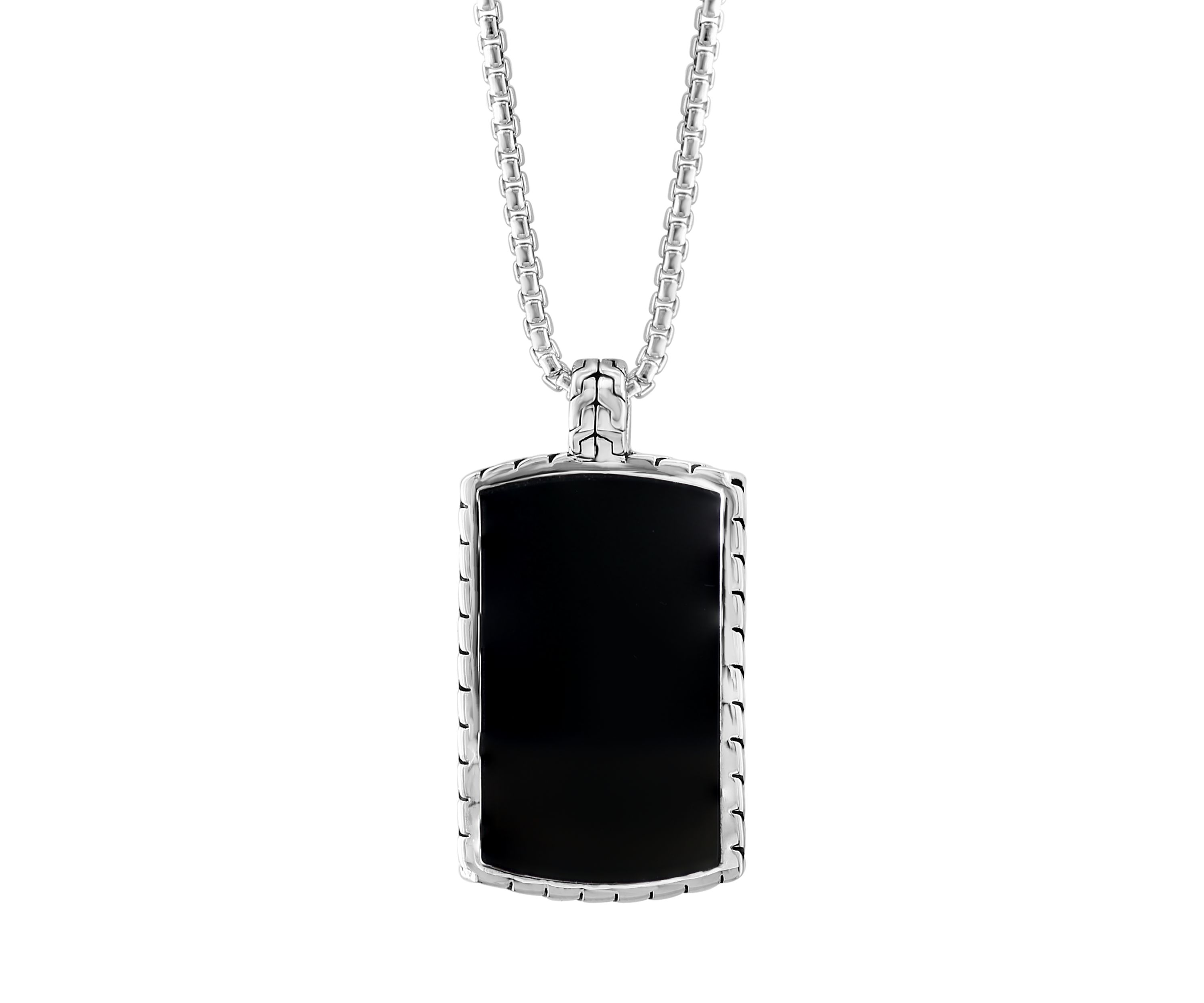 Mens Onyx Dog Tag Pendant Necklace in Sterling Silver