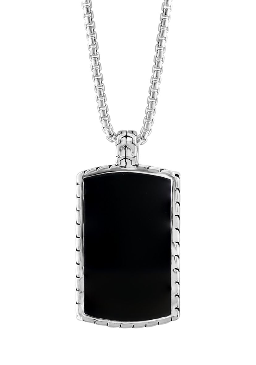 Mens Onyx Dog Tag Pendant Necklace in Sterling Silver