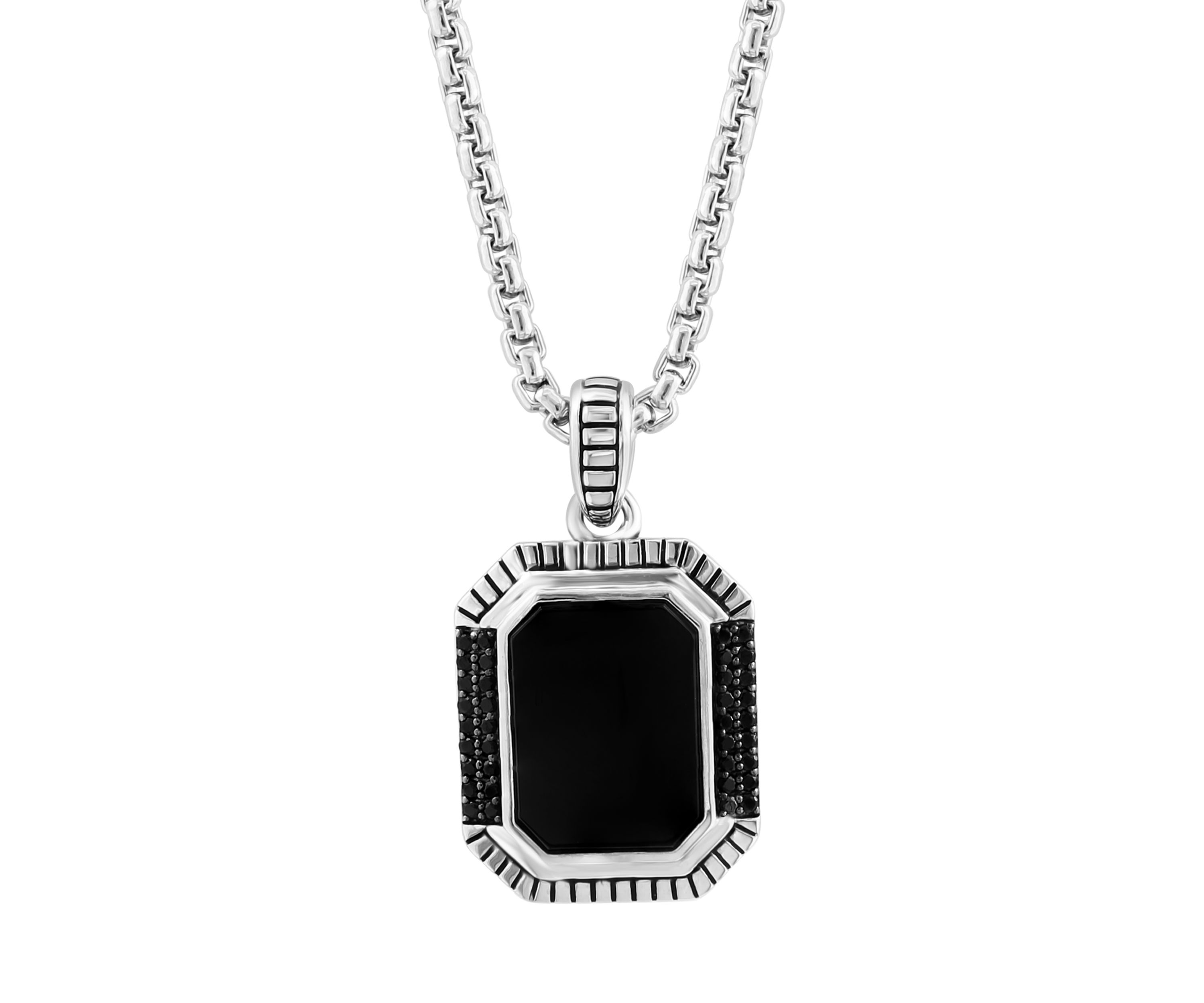 Mens Onyx and Black Spinel Pendant Necklace in Sterling Silver