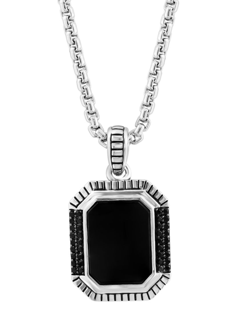 Mens Onyx and Black Spinel Pendant Necklace in Sterling Silver