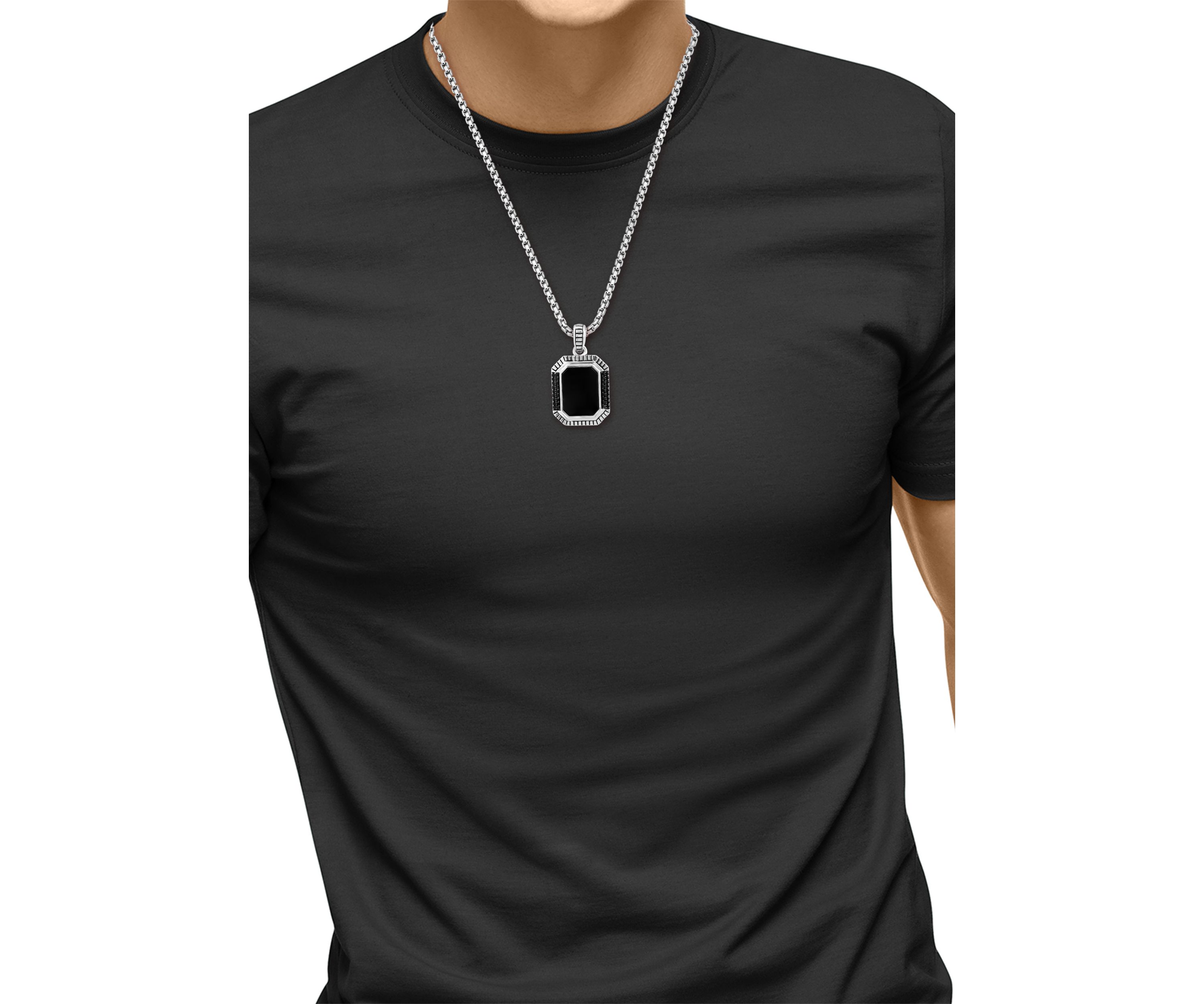 Mens Onyx and Black Spinel Pendant Necklace in Sterling Silver
