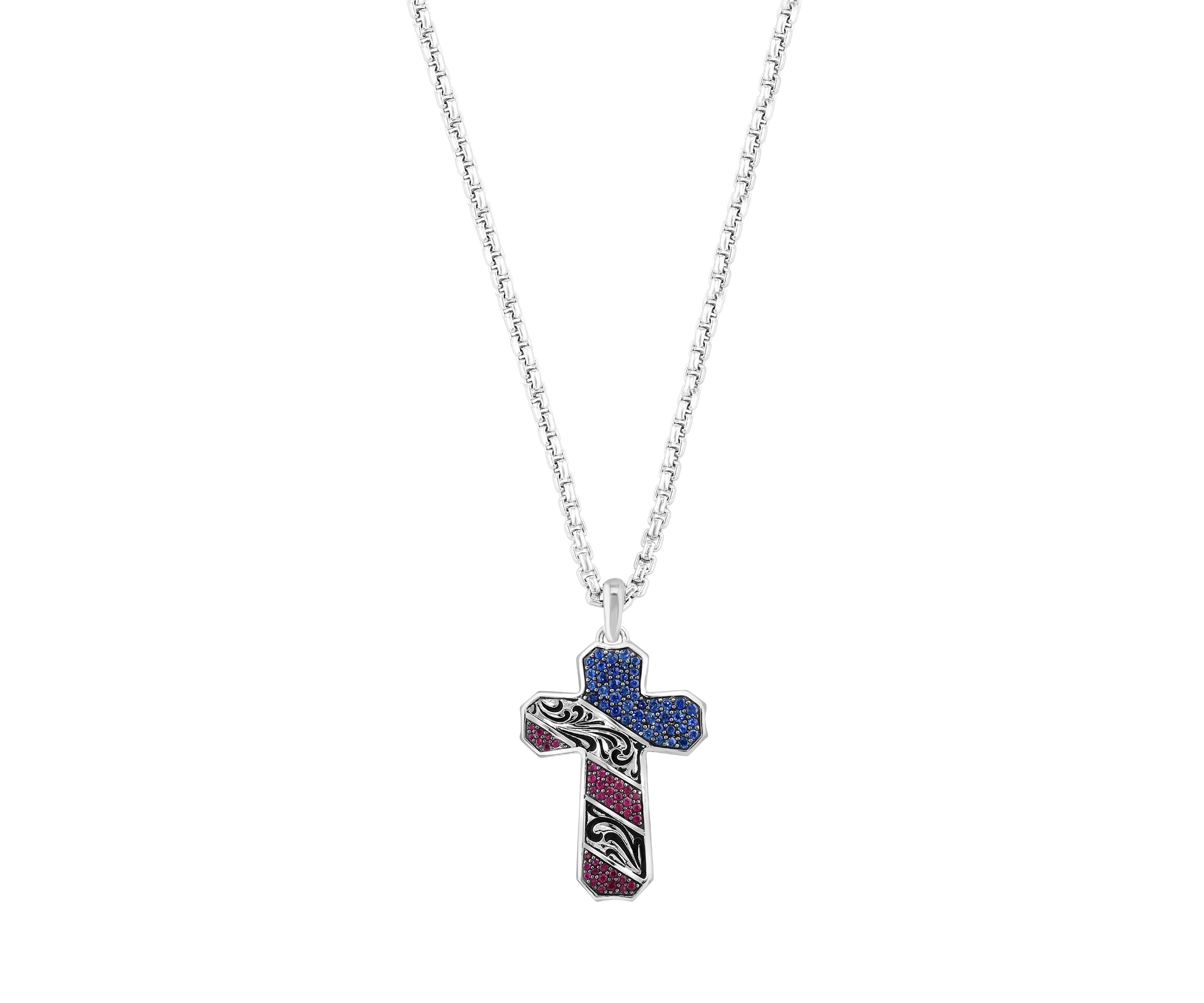 925 Sterling Silver Ruby and Sapphire Mens USA Cross Pendant 