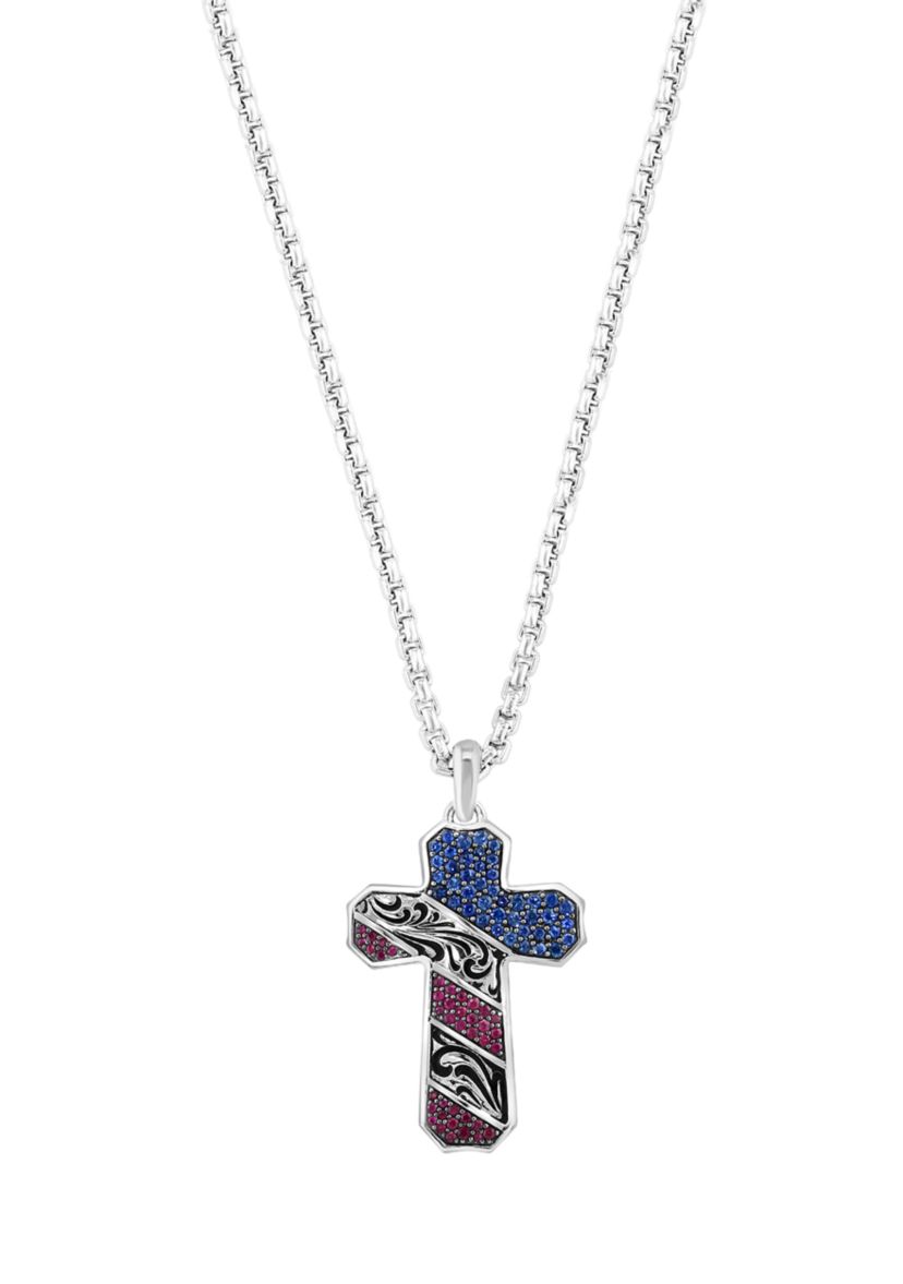 925 Sterling Silver Ruby and Sapphire Mens USA Cross Pendant 