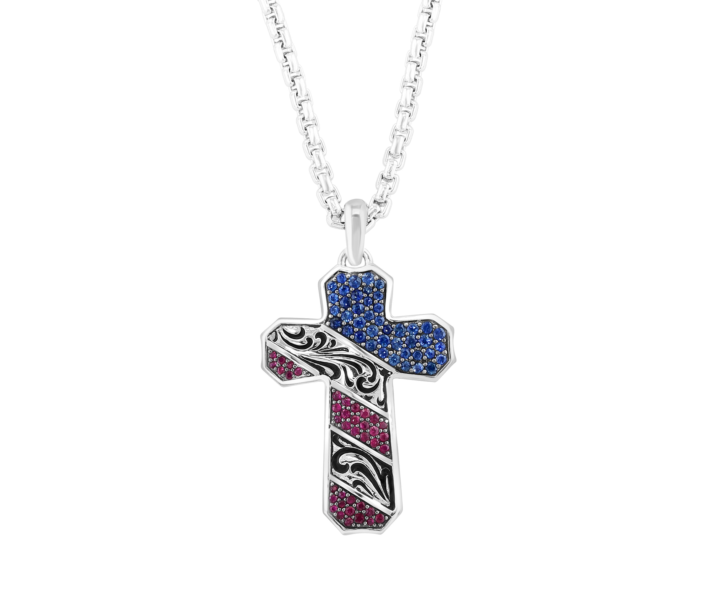925 Sterling Silver Ruby and Sapphire Mens USA Cross Pendant 