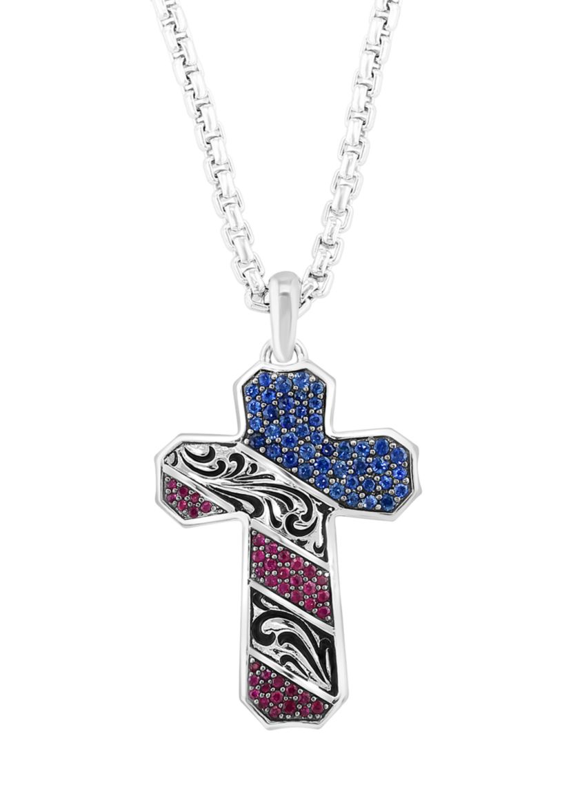 925 Sterling Silver Ruby and Sapphire Mens USA Cross Pendant 