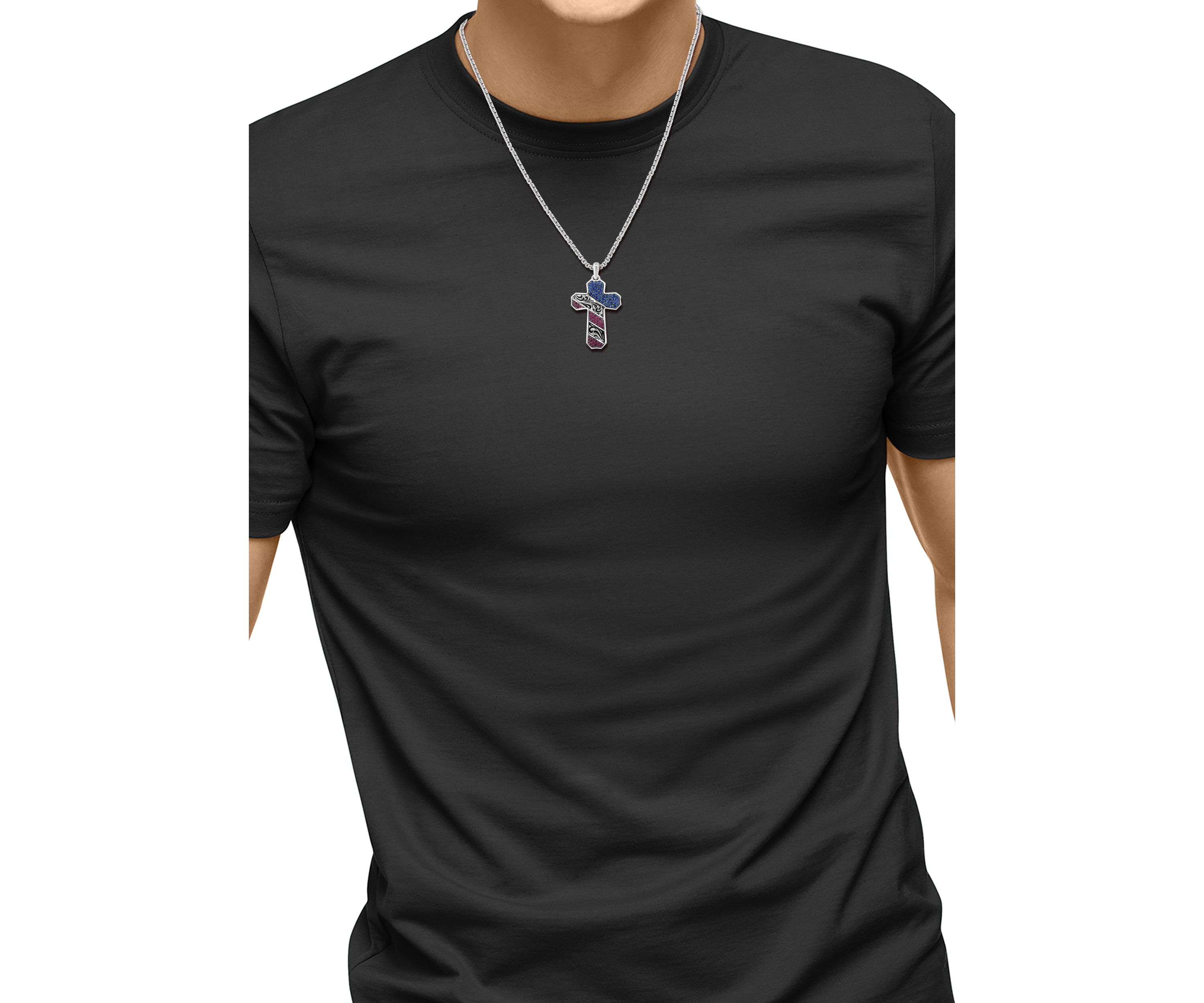 925 Sterling Silver Ruby and Sapphire Mens USA Cross Pendant 
