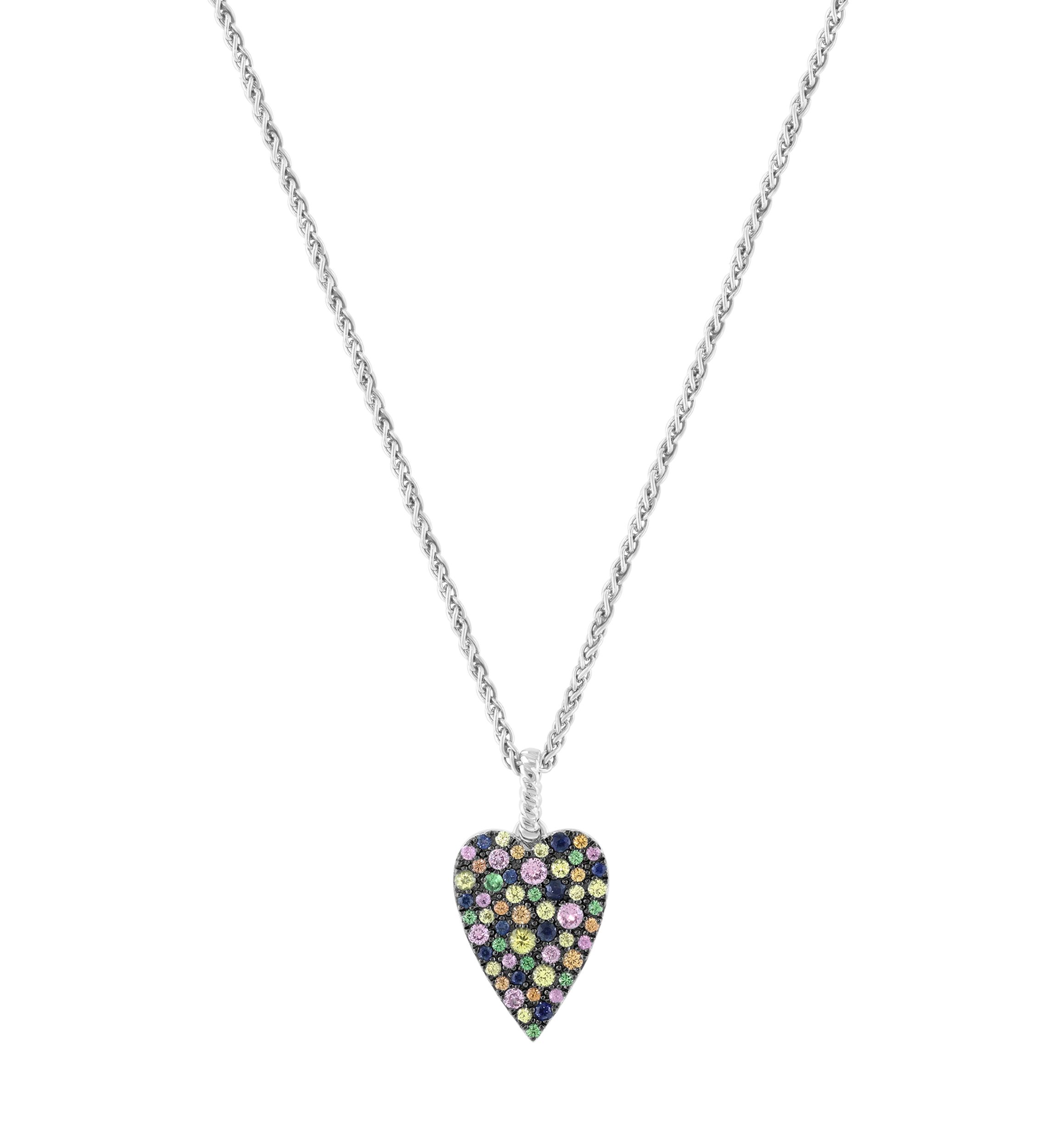 Sterling Silver Mixed Sapphire and Tsavorite Heart Pendant Necklace 