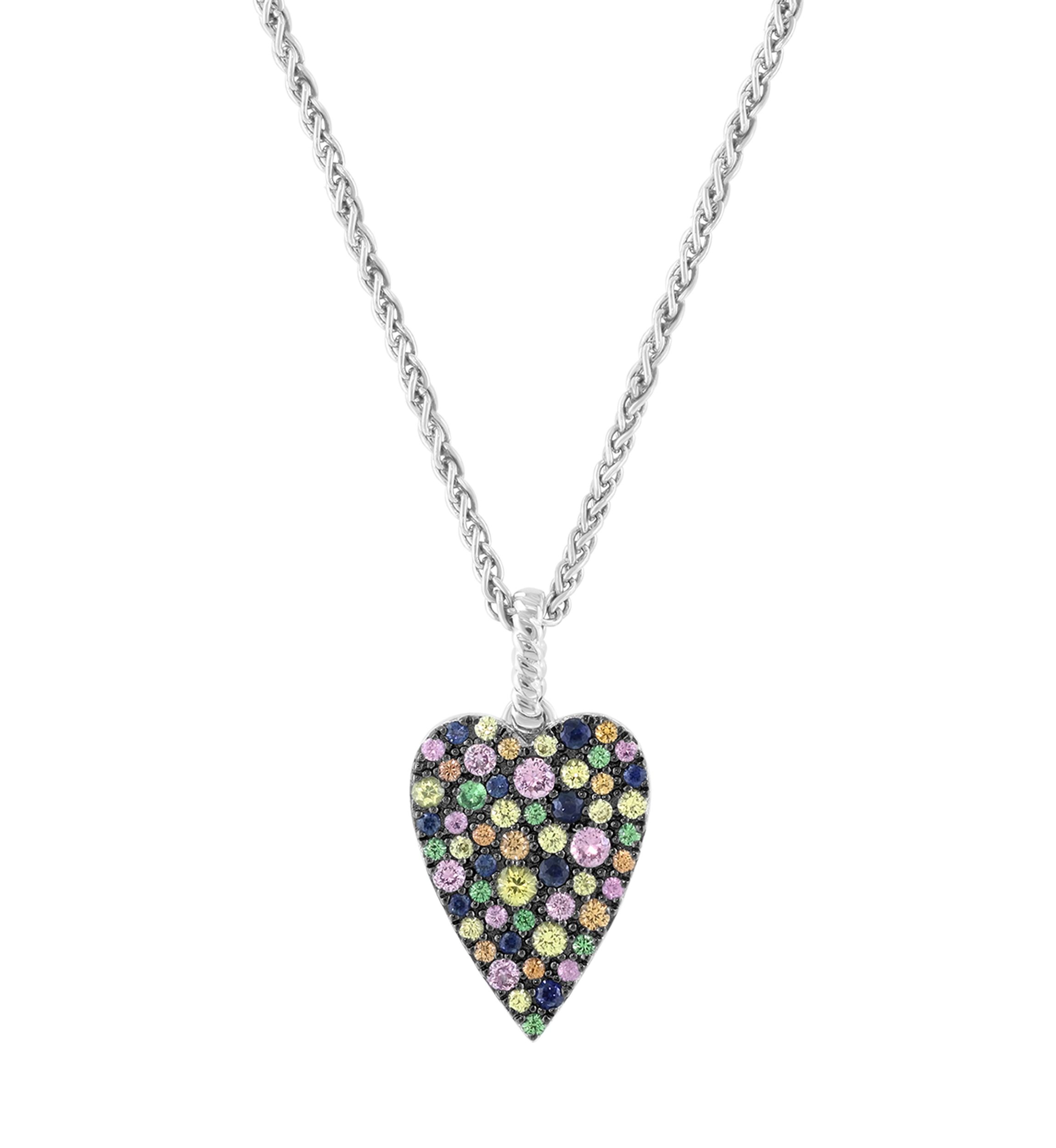Sterling Silver Mixed Sapphire and Tsavorite Heart Pendant Necklace 