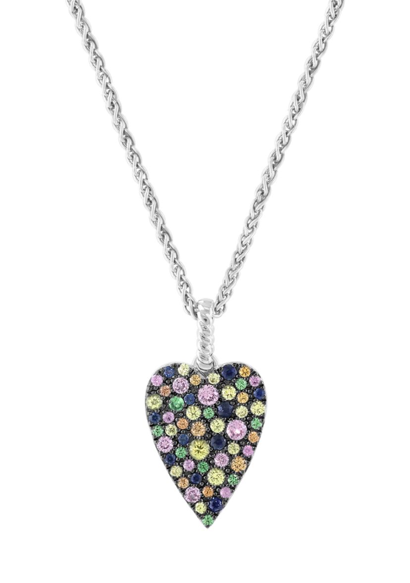 Sterling Silver Mixed Sapphire and Tsavorite Heart Pendant Necklace 