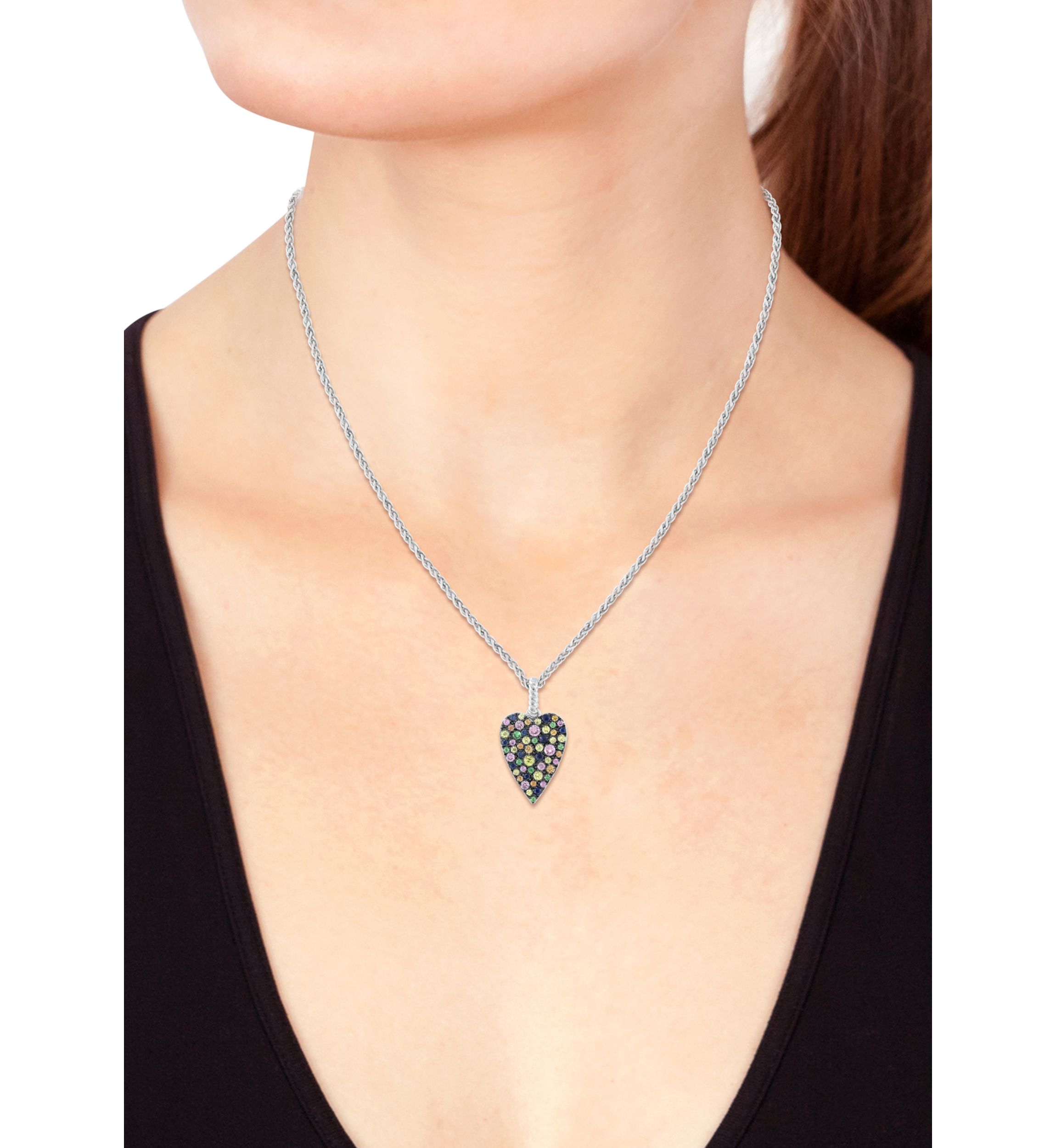 Sterling Silver Mixed Sapphire and Tsavorite Heart Pendant Necklace 
