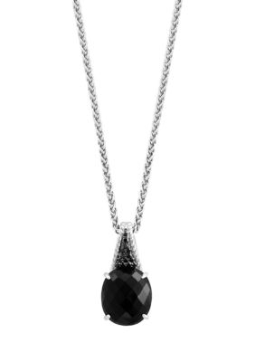 Effy 1/8 Ct. T.w. Black Diamond And Onyx Drop Pendant Necklace In Sterling Silver
