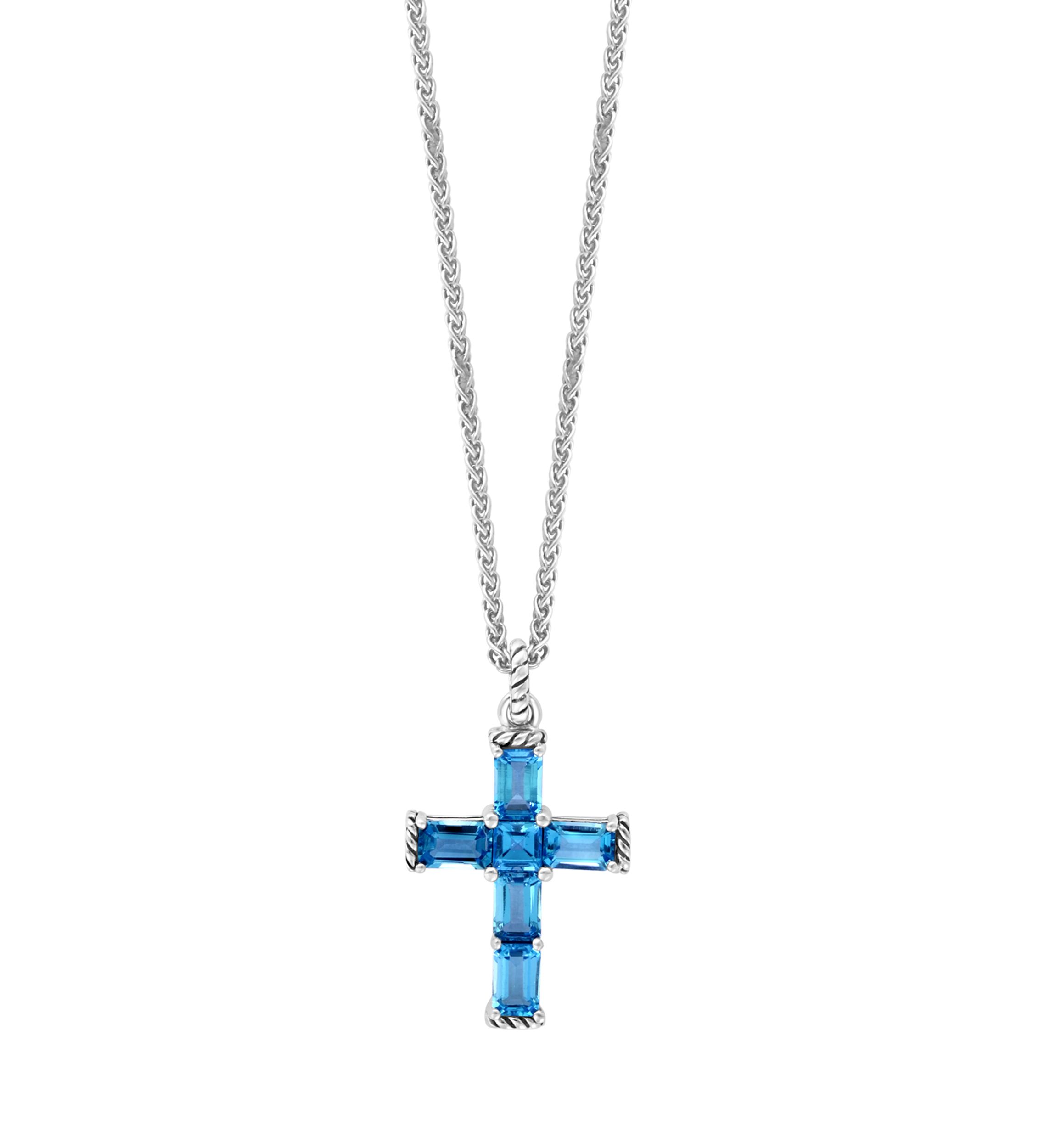 Blue Topaz Cross Pendant Necklace in Sterling Silver