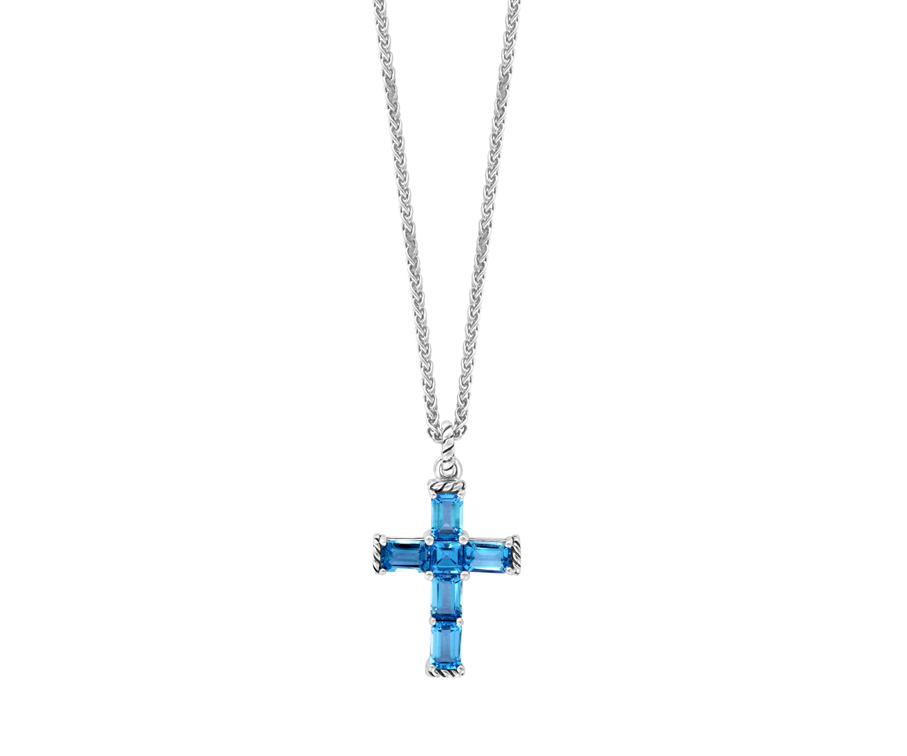 Blue Topaz Cross Pendant Necklace in Sterling Silver