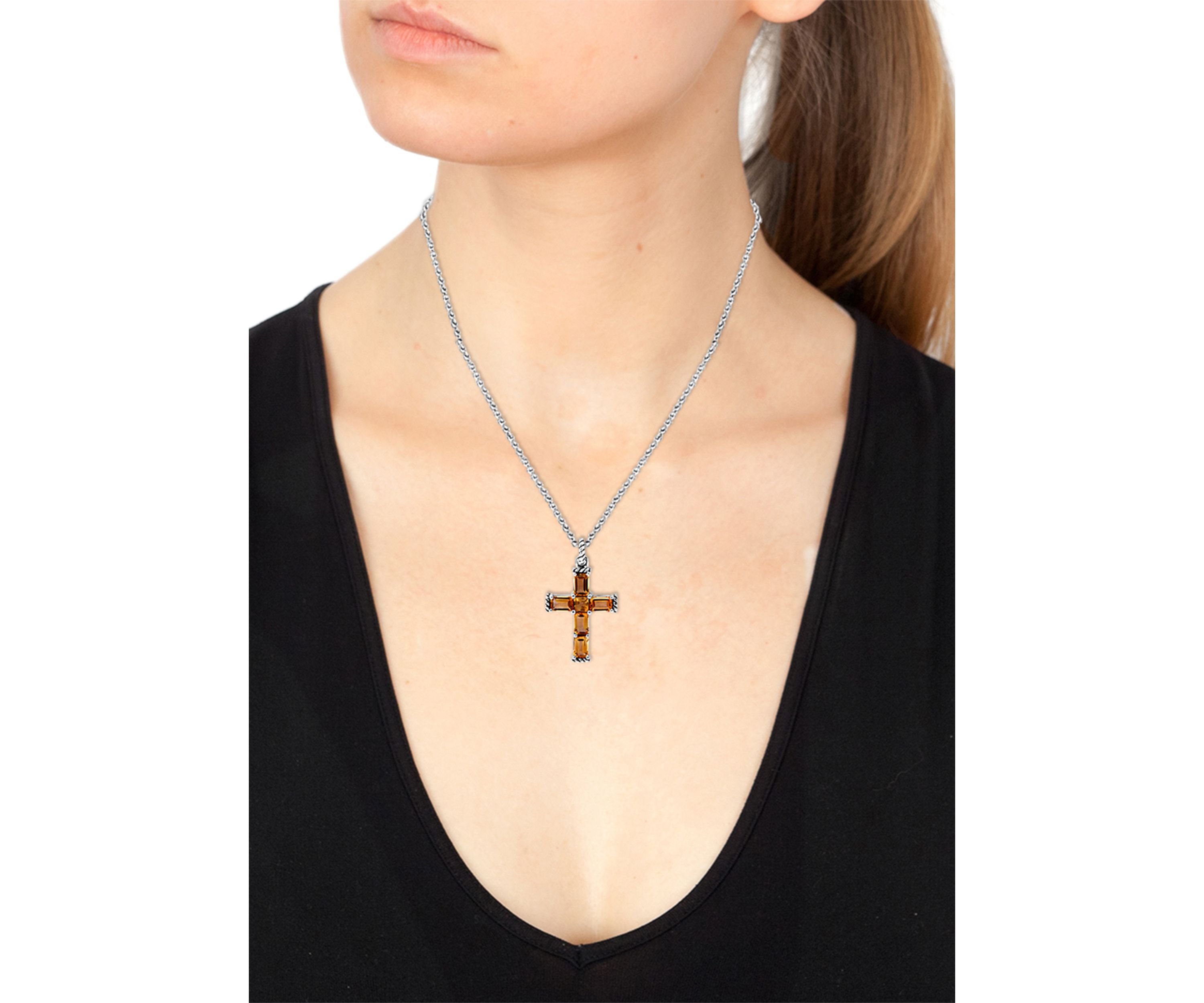 Sterling Silver Citrine Cross Pendant Necklace