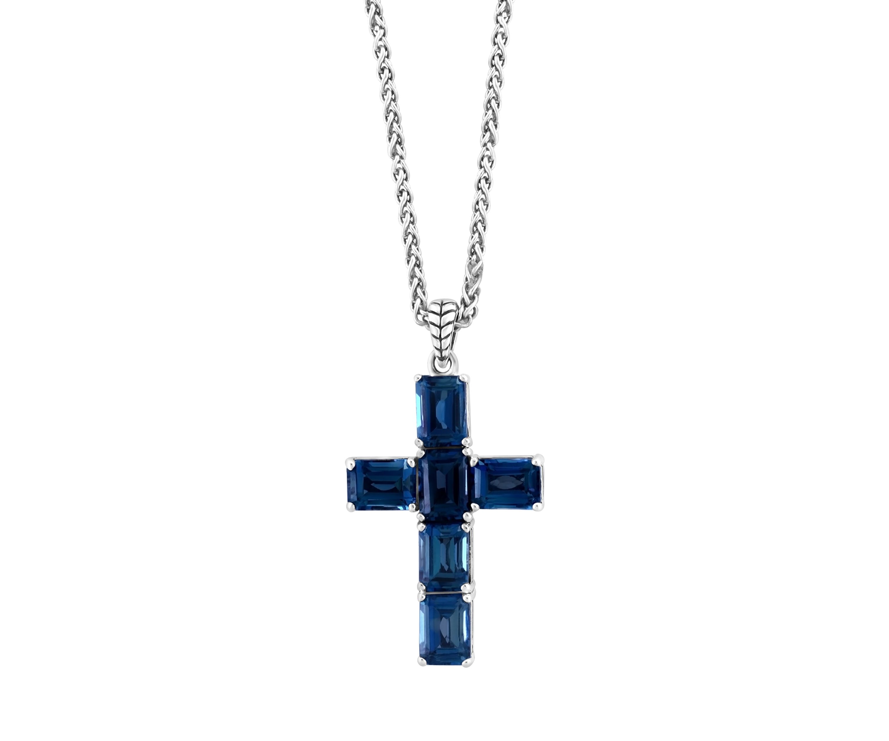 Blue Topaz Cross Pendant Necklace in Sterling Silver