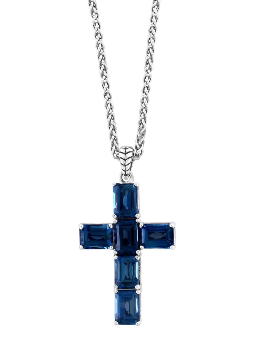 Blue Topaz Cross Pendant Necklace in Sterling Silver