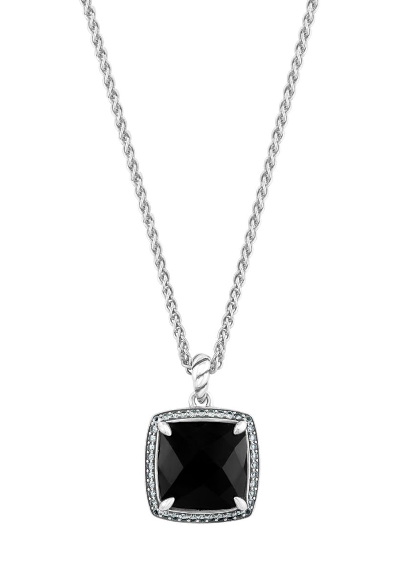Sterling Silver White Topaz, Onyx Pendant Necklace